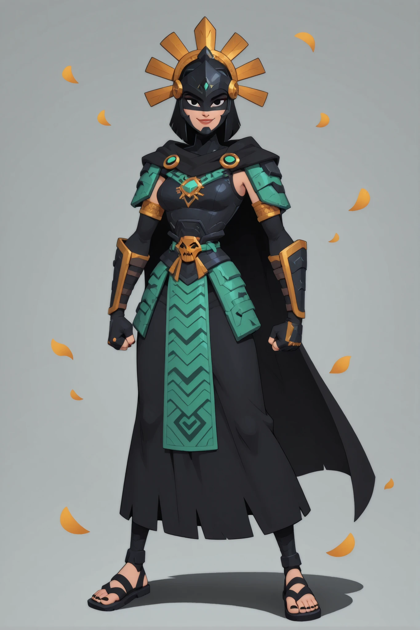 A girl, alone, cartoon style image, samurai jack style, flat color, ancient warrior of a Mesoamerican civilization, obsidian helmet resembling a raven, black outfit, obsidian armor, light skin, cape, gloves, looking at the viewer, wrapped in thick darkness, black eyes mask, fully dressed, baggy suit, peto covers his chest , helmet with golden petals, powerful, incredible girl, black eyes, armor vest, overwatch style ,  turquoise details, futuristic Aztec warrior, solo, black paint over the eyes, she is cute and beautiful, robust,  small crown, upperbody , smile, raising a fist, character design, character sheet, Mesoamerican layer, 