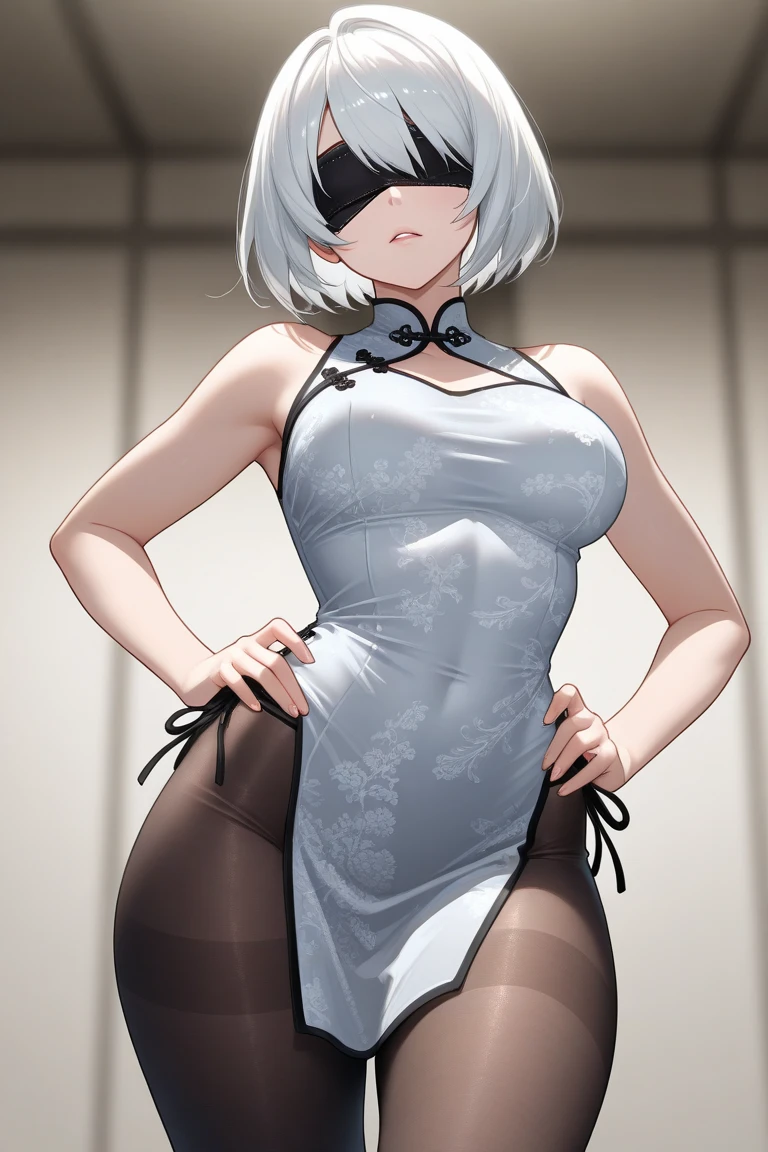 A young girl,Off-white fox ears,quadratic element,anime big breast,Gray hair,Photos from head to toe,Full body photo,By bangs,Off-white cheongsam,cropped shoulders,(Bare leg 1.6),(Big 1.6),(Wide hips 1.6),slim,standing on your feet,Background with:office room,Pink eyes,Cardioid pupil,High split cheongsam,(Conjoinment),Female boss,(Naked 1.4)