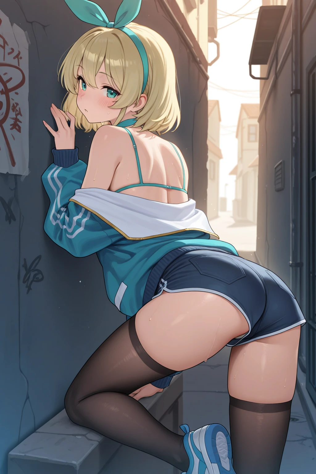 nsfv,from the back,((Hand in the first person:1.3)),((Flogging:1.3)),((Ideal Anatomy:1.5,realistic,:1.3,RAW-фотография:1.3,masterpiece、top quality、Ultra - a high resolution、a high resolution、highly detailed computer graphics、8 K)),cowboy shot,1 woman,One,20 year old beauty,(Beautiful detailed face and eyes,big and beautiful eyes),light green eyes,(blonde hair,hair in ponytail,long hair,bang),(medium breast,slender body,small head,skinny, Shiny skin,oily skin,Shiny skin),((light green hoodie,Oversized sweatshirt with hood,WHITE_thigh high,WHITE panties)),lane、Unpopular lanes、graffiti art、Tokyo、