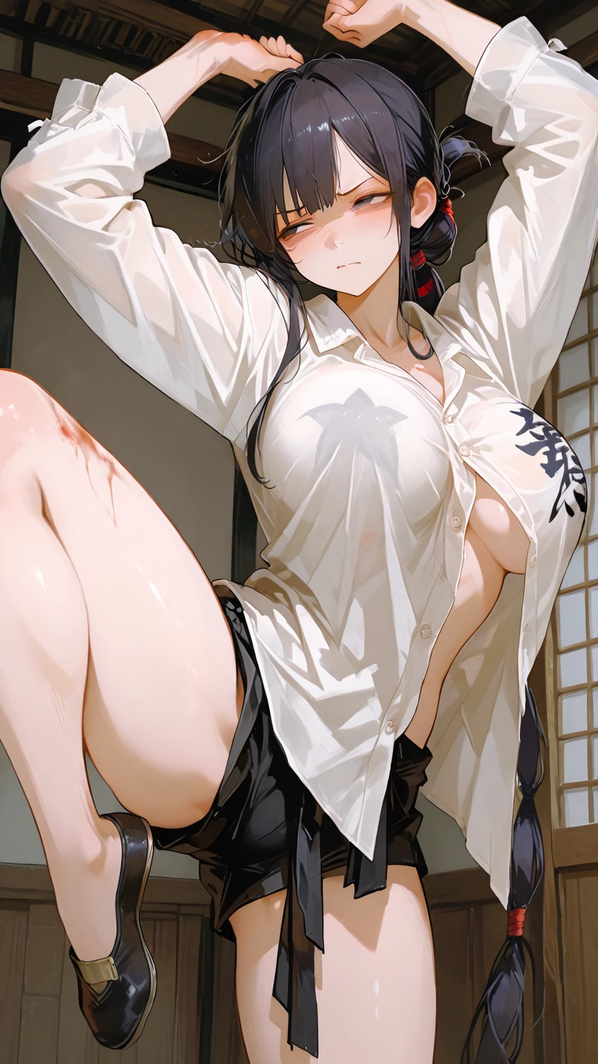 Browsing Caution, (Lying face down, View from above, Mature Woman, Raise your arms, Hands tied, Dirty stone floor, Graffiti wall background, bamboo sword on ground, Toilet paper on the ground, Full Body Shot, The body is slim, Small mid-chest, Water droplets on the floor, close your eyes, Crying hard, Detailed face, Round eyes, Watery eye, Sad face, Torn cloth, Erect nipples, Raise your arms, Hands tied, Clothed mouth, Whip scars on body, There are scratches on the body:1.2), (dark,(((open cloth, towers good, white bra, erect nipple))), white kimono, ((Torn also, black hakama)), bare foot), long low ponytail hari, separated bangs, Black Hair, hair ornaments, (Cum on body, Cum on face, Cum on cloth, Cum on feet, Used sex toys on the ground:1.2), dark, night