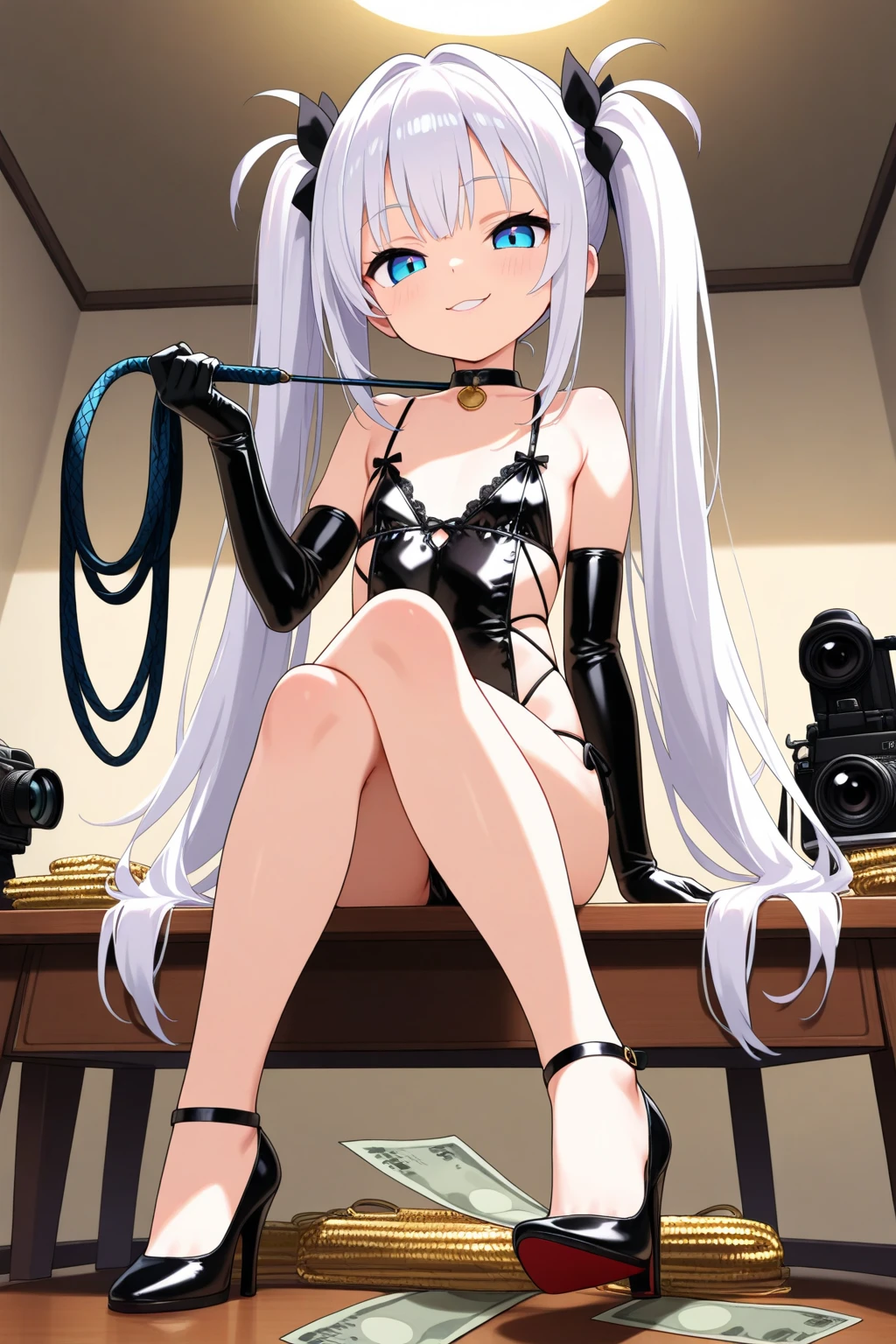 (((chibi:1.4)))、(((Lori:1.4)))、(((low length:1.4 )))、(((Child body type)))、Yankee sitting、Poop sitting、(((open legs:1.4)))、(((Wide-open legsでしゃがむ)))、(((Bend your knees and squat with your legs apart in an M shape.)))、BDSM、Queen、mistress、(((One girl)))、solo:1.8、(((Black latex elbow gloves:1.4 )))、(((Black latex corset dress:1.4)))、(((The corset dress is decorated with beautiful lace.)))、(((Corset dress with shoulder straps)))、(((Black latex tight mini skirt:1.4)))、(((Red Thigh Boots)))、(((Black fishnet stockings:1.2 )))、(((Stiletto Heel Boots:1.4)))、(((Black latex panties)))、(((Black latex bra)))、(((Red leather collar)))、(((Sexy pose:1.4 )))、Wide-open legs:1.2、(((Erotic)))、(((Cowboy Shot)))、Lots of trees々In the woods surrounded by、blue sky、Beautiful Nature、Absurd、Tables and chairs、Sit on a chair、High resolution、Very detailed、Anatomically perfect body、Two perfect anatomical arms、Two perfect anatomical legs、Perfect Fingers、Silver long hair、Brown eyes、(((A large butterfly hair ornament on the left side of the head)))、(White, bushy eyelashes:1.1)、Capelet、Black Dress、Long sleeve、Expressionless、blush