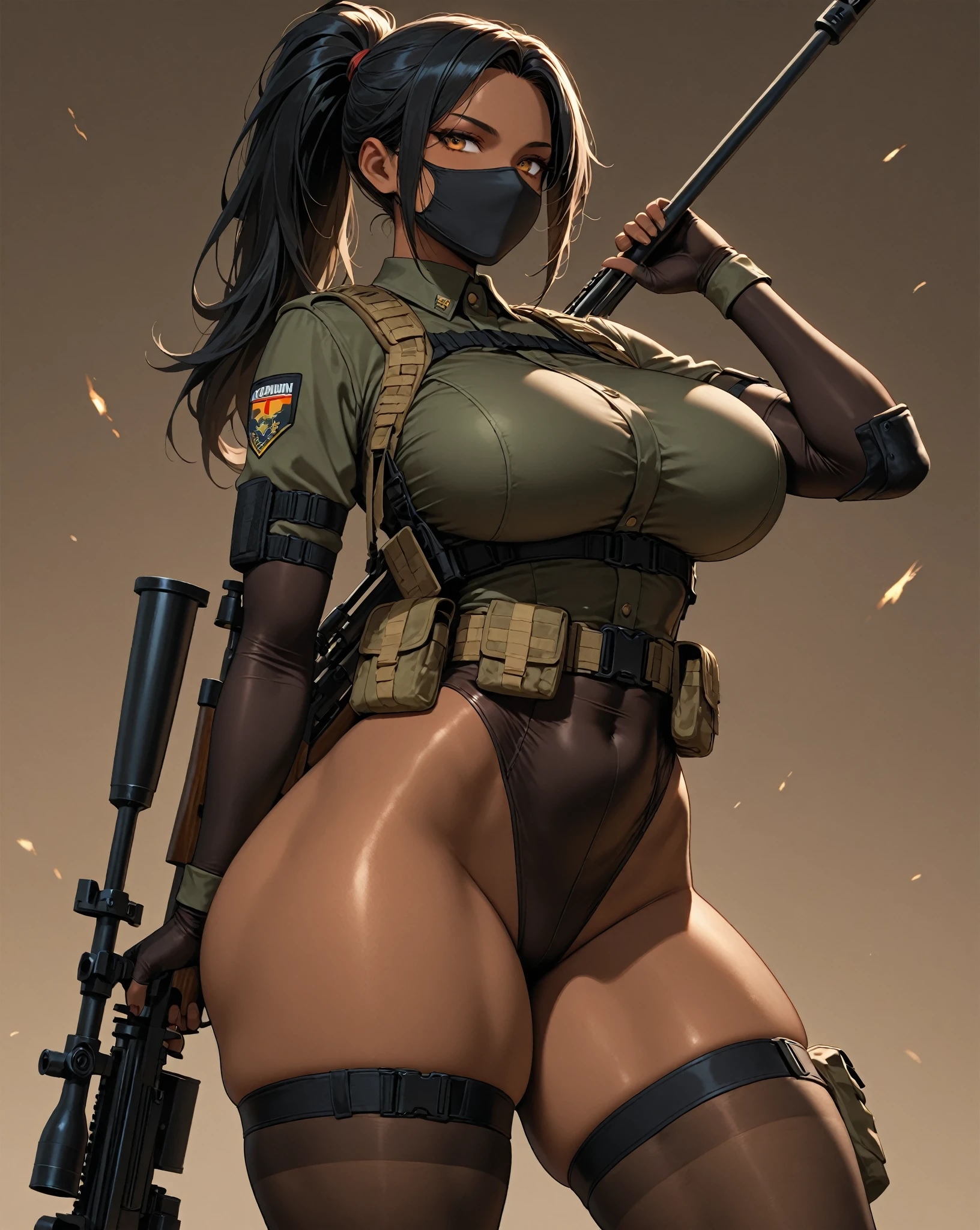 A busty hijabi girl, of Arabic ethnicity, brown skin, Muslim, mature woman, wear silk hijab, khaki bra, ammo belt, military jogging, tan shoes, half naked, khaki cap, natural breasts, nice rounded ass, cleavage, sexy, thick hips, beautiful feet, smiling at the viewer, posing , in war field, in the middle of iraq, warzone, explosions, fires, sparks.