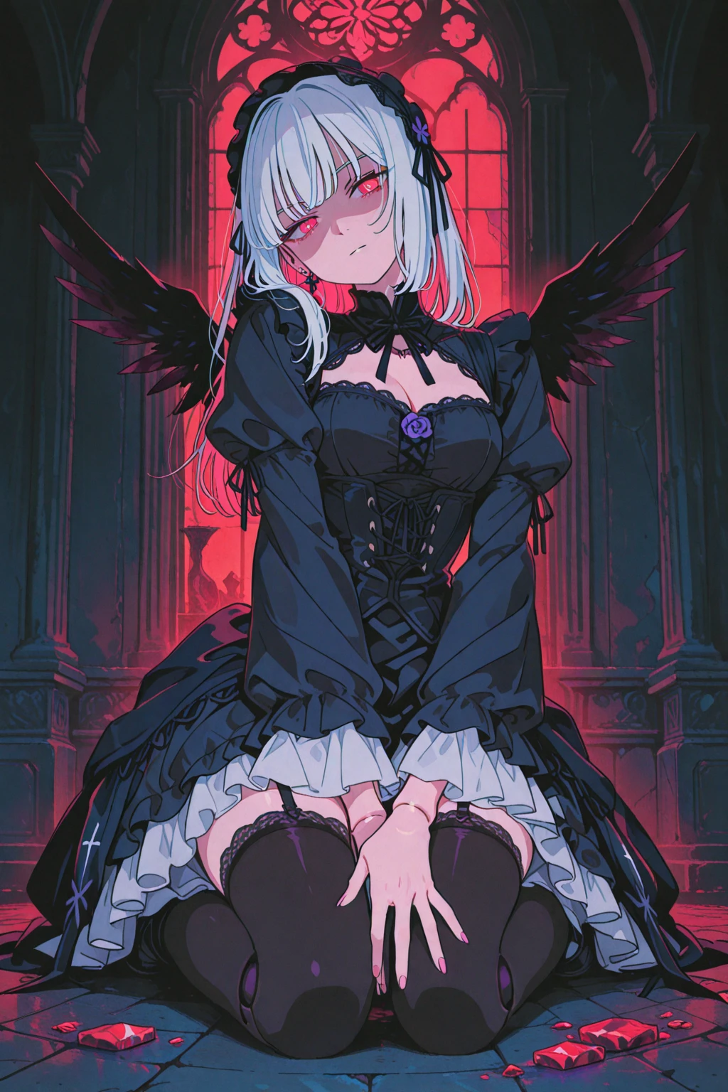 whole body, inside basement, skirt, shirt, long sleeves, frills, evil grin, creepy, skulls, candle, hair ornament, bone, doll, tapestry, Magic Circle, horror theme, Colossal tits, absurdres, RAW photo, extremely delicate and beautiful, masterpiece, Best Quality, ultra high resolution, 32k, hyperrealistic, ultra-detailed, detailed description, pale skin, 20 years old, tearful mole, earring, Colossal tits, short medium hair, wavy hair,