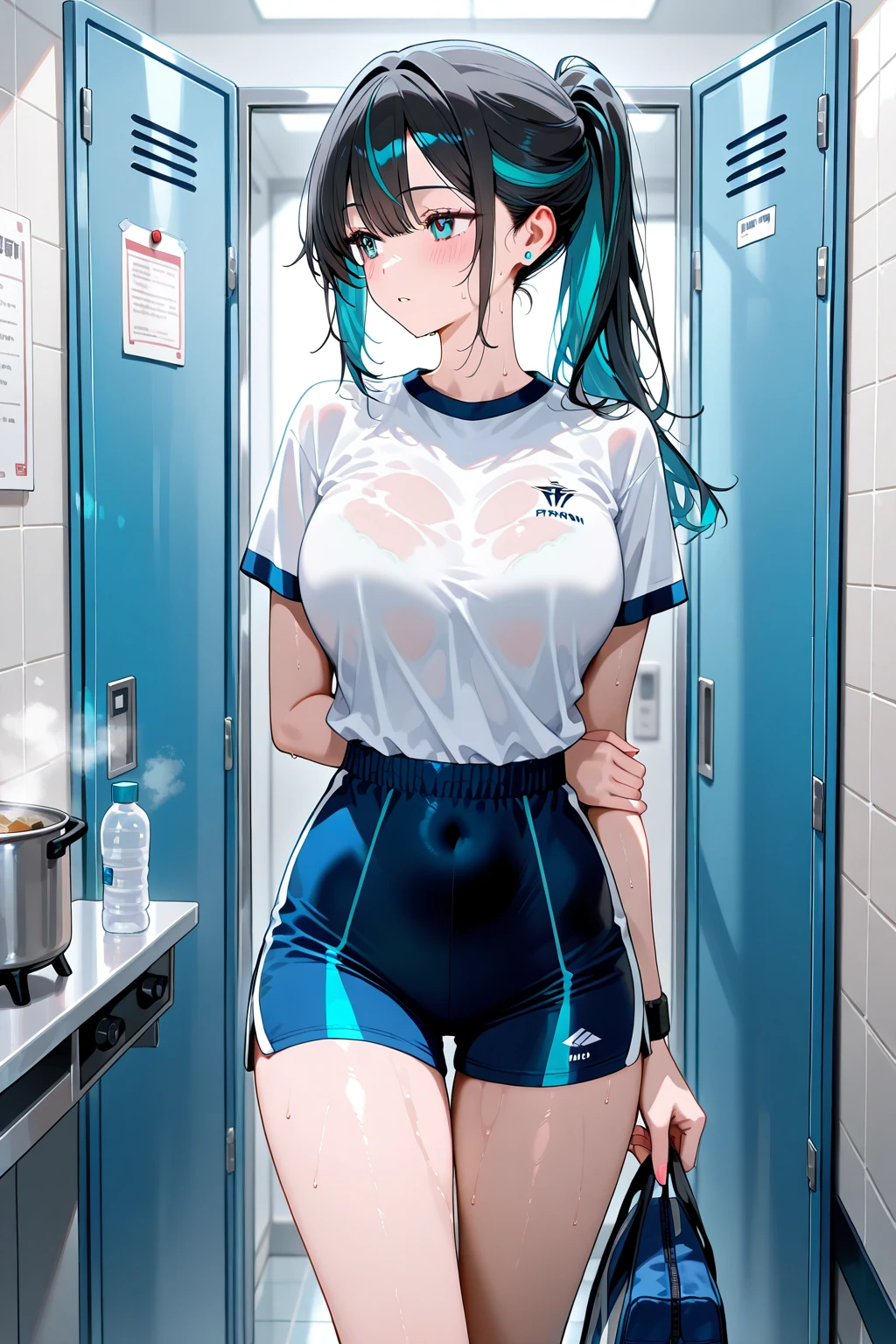 Behind the frosted glass, bathroom_glass_door,masterpiece, best quality, breasts_on_glass,1girl, fit body, wet semi-transparent clothes, sweat, breasts on windows, drop of water, breasts squeezed by glass,Akali(league_of_legends),  long_the sleeve,White hood,short white pants,Tattoos,Eternal,arma,scyscraper,daggers,White boots, Leucorrhoea,White mask,floating_clothes