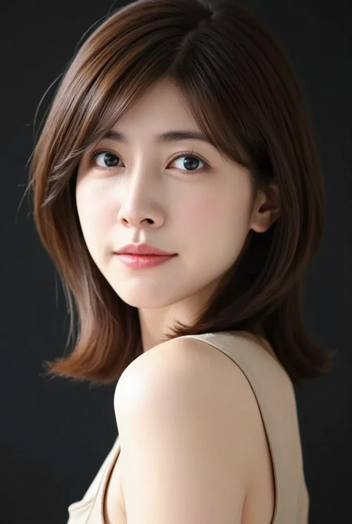 Japanese, short stature woman,  physique, short arm, long slit eyes, fleeting atmosphere, 30 year old, brown bob hair, ((thin lips)), white top and bottom underwear, musterpiece, best quality, detailed skin, detailed face, detailed eyes, 8K, good anatomy, upper body portrait