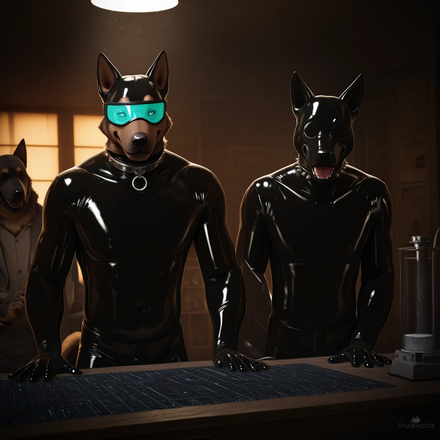 2 naked furry boys stuck in a room, they both have oily skin and 1 has brown skin and the other white, there eyes and mouthed are covered with blindfolds and all covering muzzles, there’s also a girl in the room with no blindfold or muzzle
