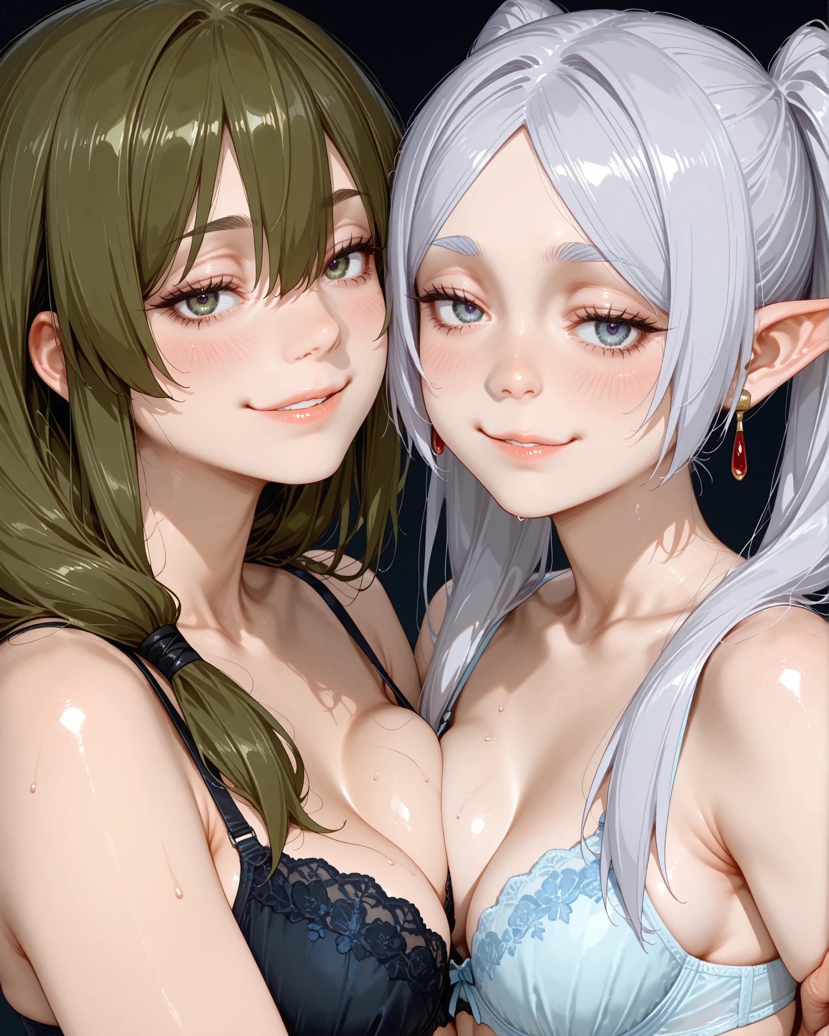 Greasy, Elf Queen, (Clear Shirt: 1.2), (Open Shirt), Light Clothes, Sleeveless, Huge Breasts, Straight Breasts Close-up of four women lying on bed posing for photos, surreal full body figure, beautiful and detailed body and face, gorgeous figure, ponytail, clear, smiling, moaning, teasing, surreal full body figure, beautiful and detailed body and face, super vista, fair skin, bright colors, breasts looming, kissing each other's chests