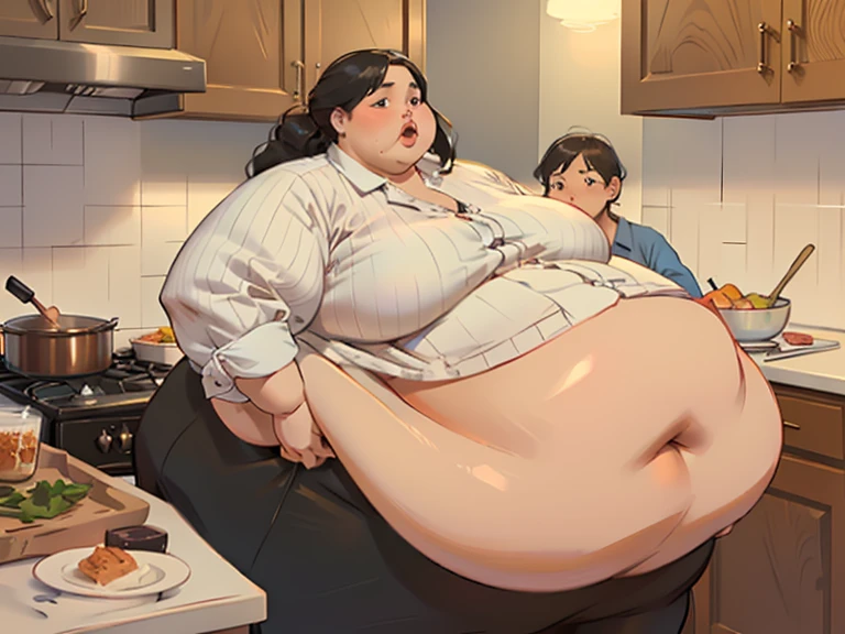 an enchanting woman, kissing her husband, rubbing her huge butt, Wearing white bra, huge breasts about to explode out of top, grabbing her belly, bulging diaper, gigantic diaper sagging down, huge diaper, massive lumpy full diaper, diaper growing bigger and bigger, holding her growing diaper, diaper puffing up like a balloon about to explode, diaper filling up whole screen, diaper inflated to enormous size