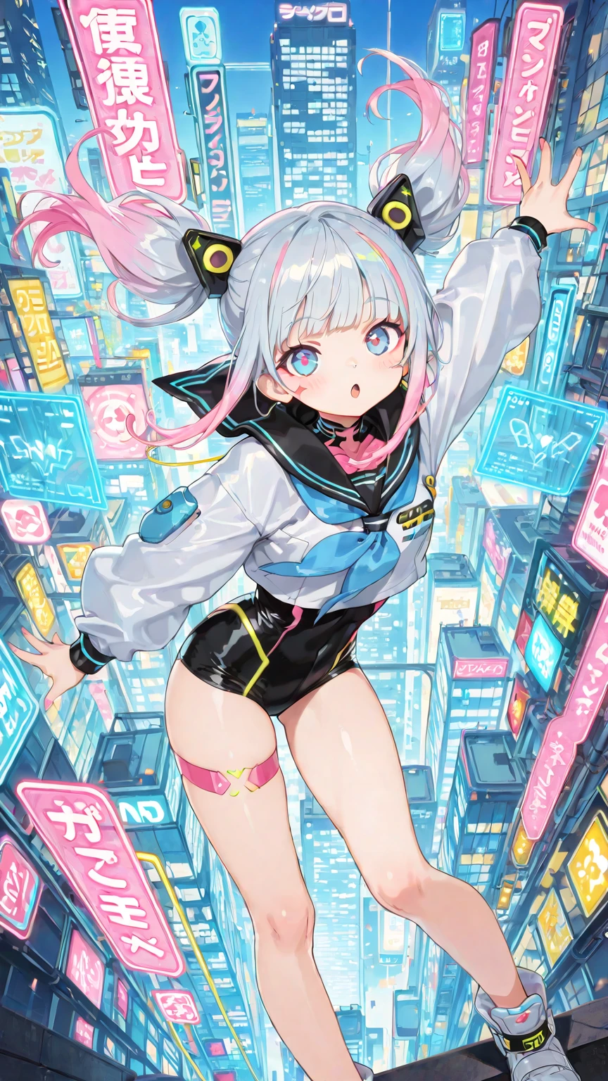1 Girl, baby blue eyes, nose, eyebrow, ear, big white hair, blue hair locks, bangs, eye hair, sexy anime white rabbit outfit, big chest, standing, background scenery, in a nightclub, lights colorful, ambient detail, ultra-detailed