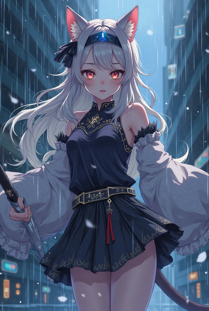 1girl, beautiful woman, beautiful face, red dress, close up, she is standing on broken and dstroyed Glass Dome Roof with garden and vegetation, red dress, face focus, face focus, rain, water floor, flowers, - shuro_(blue_archive), grey_hair, long_hair, white_pupils, blight_pupils, bangs, blunt_bangs, halo, red_eyes, bandaid_on_face, bandaid, bandaid_on_cheek,japanese_clothes, sideless_outfit, flat_chest, black_kimono, bare_shoulders, jingle_bell, breast_cutout, diamond_cutout, haori, off_shoulders, wide_sleeves, detached_sleeves, long_sleeves, obi, pelvic_curtain, bandaid_on_cheek, bandage, bandaged_arm, bandaged_leg, clogs, - broken and dstroyed Glass Dome Roof with garden and vegetation, red dress, face focus, face focus, rain, water floor, flowers,