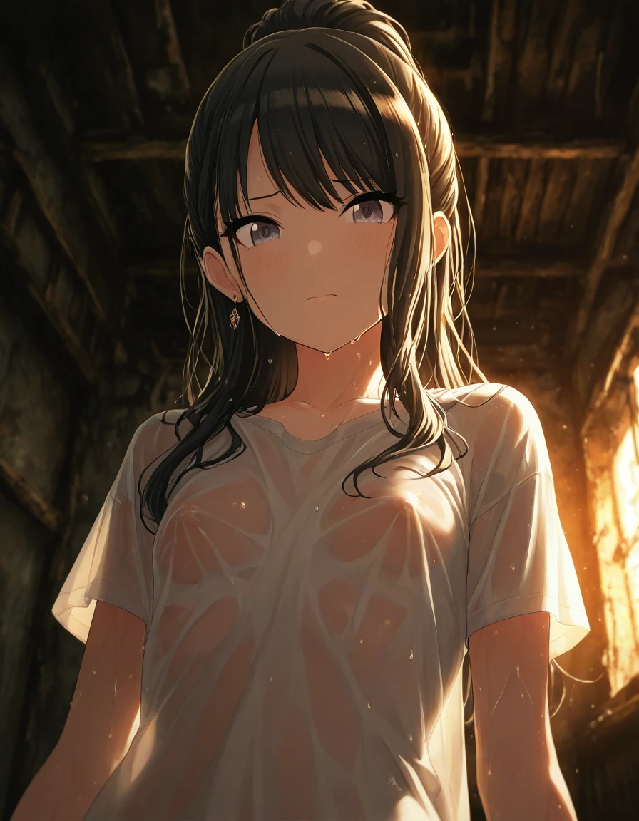 {artoria pendragon_fate ubw:1.15},(((black hair:1.5))), ((beautiful dark blue_eyes:1.2)), , ((Strong light )) ,  ((1 very tall girl:1.6)),, alone,((very surprised eyes:1.7)),  hair between eyes,,, bare shoulders,, cleavage, thighhighs, ((( very long straight hair:1.5 ))), ((torn wet white camisole, see-through:1.5)) , beautiful light, , close up face:0.2,　detail navel , detail thin thigs, ,  ((sitting on silver liquid:1.8)),((Legs trembling)),                                                                                                                                                                                                                      
trouble eyebrow, ((wet white panties:1.7)) ,                             　　　　　　　　　　　　　　　　　　　　　　　　　　　　　　　　　　　　　　　　　　　　　　　　　　　　　　　　　　　nsfw,(ecstasy:1.8) ,(slut:1.6),(vulgarity:1.7),(fucked silly:1.8),(steam:1.5),(wet:1.5),(trembling:1.5),(((Arching the body forward:1.7))) ,(drooling:0.6),(sweat:1.5),closed mouth:0.8, wince,(orgasm:1.7), trembling:1.8,　　　　　　　　　　　　　　　　　　　　　　　　　　　　　　　　　　　　　　　　　　　　　　　　　　　　　　 beautiful upper body, Beautiful body, beautiful character design, perfect eyes, Perfect face, expressive eyes, Turning the face side to side,(church:1.5),in the center of the image, official art,High Definition CG Unity, Perfect lit, bright_front_face_lit, ,(Highest_quality:1.0),4k,Super detailed, photograph, 8K, nffsw, High resolution, absurd:1.2, kodak portrait 400, film grain, Lens flare, (lively_color:1.2) (beautiful,small breasts:1.4), (beautiful_face:1.3),(narrow_waist),((blush)), ((detail nipple)),,saber, dress, pony tail