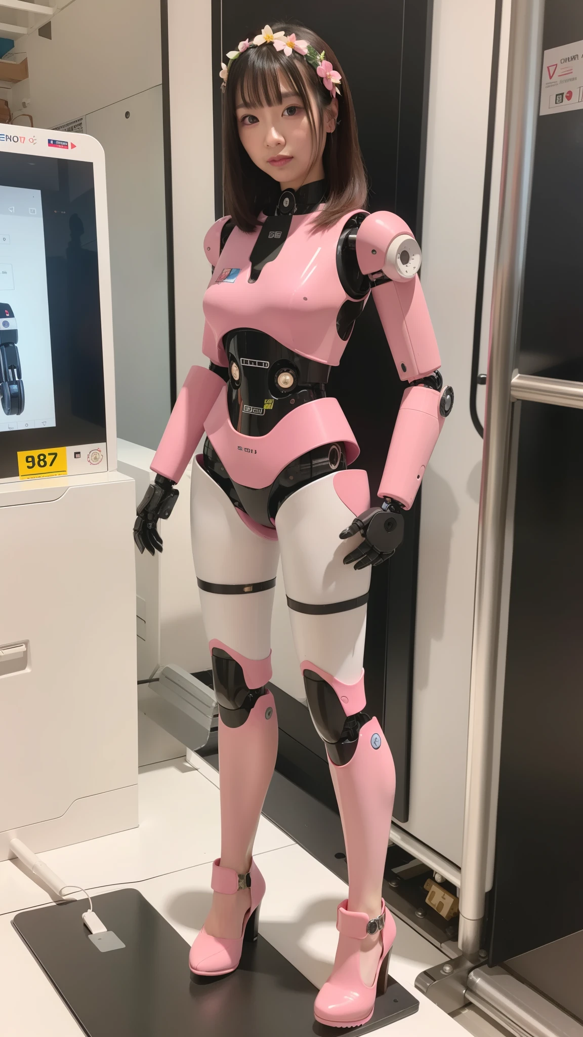 (Photorealsitic:1.4)、one robot woman、(top-quality)、(hyperdetailed face)、(Super well-formed face)、(Robot Parts)、(Female-Robot)、(25 years-old)、(Blue)、(pink there)、(Burgundy)、(metallic)、(full-body)、(sexy pose)、(Slender body)、(Model body type)、(full body mech)、(street of Akihabara)、(is looking at the camera)、(A brown-haired)、(Well-proportioned body)、(a small face)、(a small head)、(well-groomed fingers)、(Idol)、(front facing)、(Standing with legs open)、(Photo session)、(Looks sad)、(perfect-female-robot)、(perfect-mechanical-body)