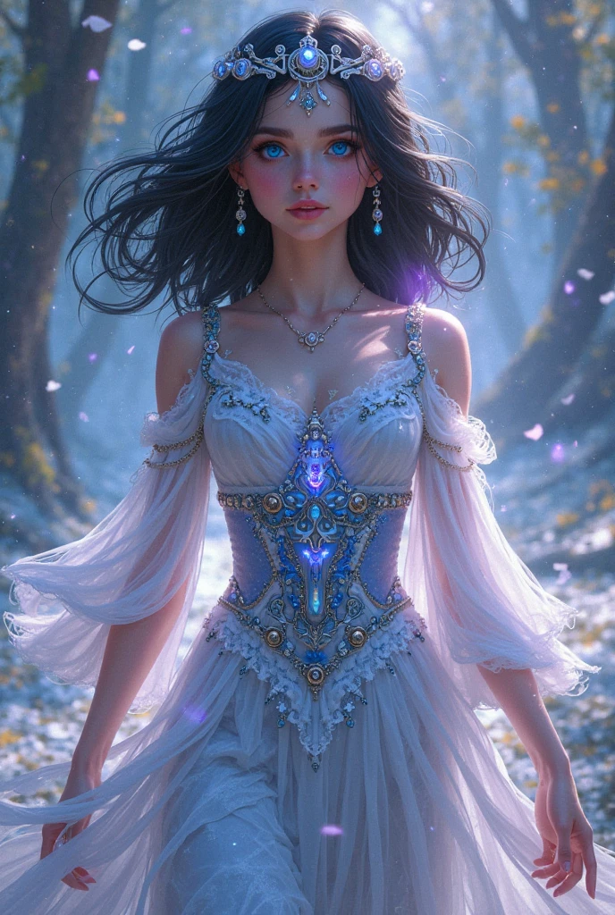 This is realistic (((fantasy))) artwork set in the frozen rose garden of an enchanted ice castle in winter and should consist of many shades of cold blue colors. It is snowing heavily. Generate a proud woman with a (((highly detailed face))) dressed in the billowing folds of a stunning French silk ballgown. The woman's elegant face is ((((highly detailed, with realistic features and soft, puffy lips.)))) The ballgown is embellished with ruffles, sashes, and bows and a delicately, but intricately, hand-embroidered bodice. The corset features silk ribbon. She is wearing Victorian royal winter outer clothes. The woman's stunning eyes are beautifully detailed, featuring realistic shading and multiple colors, and in high resolution. The woman is in a garden of eternal roses, each one beautifully formed and highly detailed. These realistic roses feature shimmering shades of light blue, dark blue, silver, and glimmering blue-purple. The eternal rose is a deep shade of periwinkle with shimmering iridescent overtones and undertones. Ensure that the woman's face, hair, and eyes are perfect. realism, high fantasy, whimsical fantasy, storybook fantasy, fairytale fantasy, fantasy details, enchanting, bewitching, 8k, hires, CGI, digital painting, unity, unreal engine, (((masterpiece))), intricate, elegant, highly detailed, majestic, digital photography, art by artgerm and ruan jia and Greg Rutkowski, (masterpiece, finely detailed beautiful eyes: 1.2), hdr, realistic skin texture, (((1woman))), (((solo))), Include a highly detailed face, extremely detailed face, and interesting background.