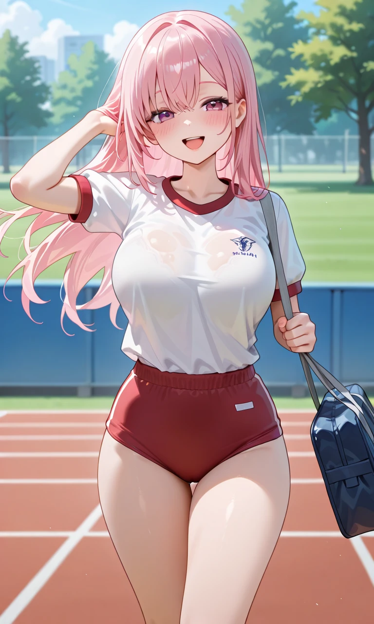 NSFW, Hoshino, Hoshino_Blue_Archive, sport clothes, sweaty, one eye red other yellow, bangs, visible eyes, bright smile, standing, sports field, see through clothes, breasts, smug, no underwear, really tight clothes, labia Majora, cameltoe, bodily fluids, nip, wide open, wide spread