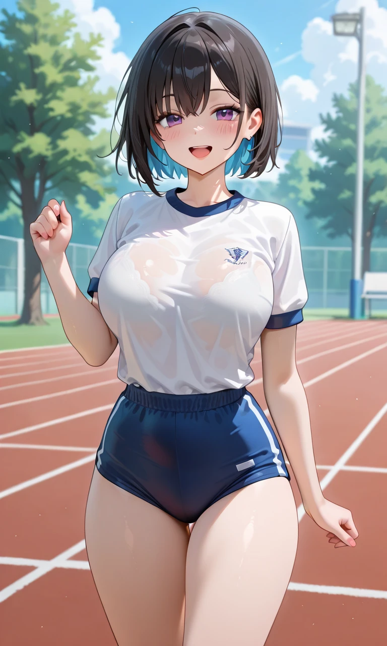 Girl, black hair, dark blue Shirt, France 2022 year Soccer Clothing, France Football Kit 2022, ((Dark blue shorts))Nike Dark Blue shorts, Perfectly Detailed, Stadium Soccer Field Background, full body, Thicc hips, thighs butt, football field,