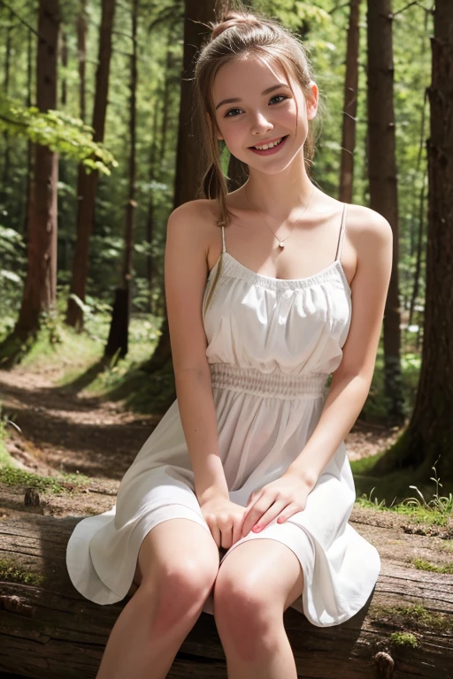 (absurdres, highres, ultra detailed), 1 girl, beautiful, blonde, long hair, blue eyes, innocent face smiling, pink lipstick, full body, looking the stars, short white summer dress, , childish  ,  visible sitting in some rocks in the wild, nighttime, starry sky, moonlight