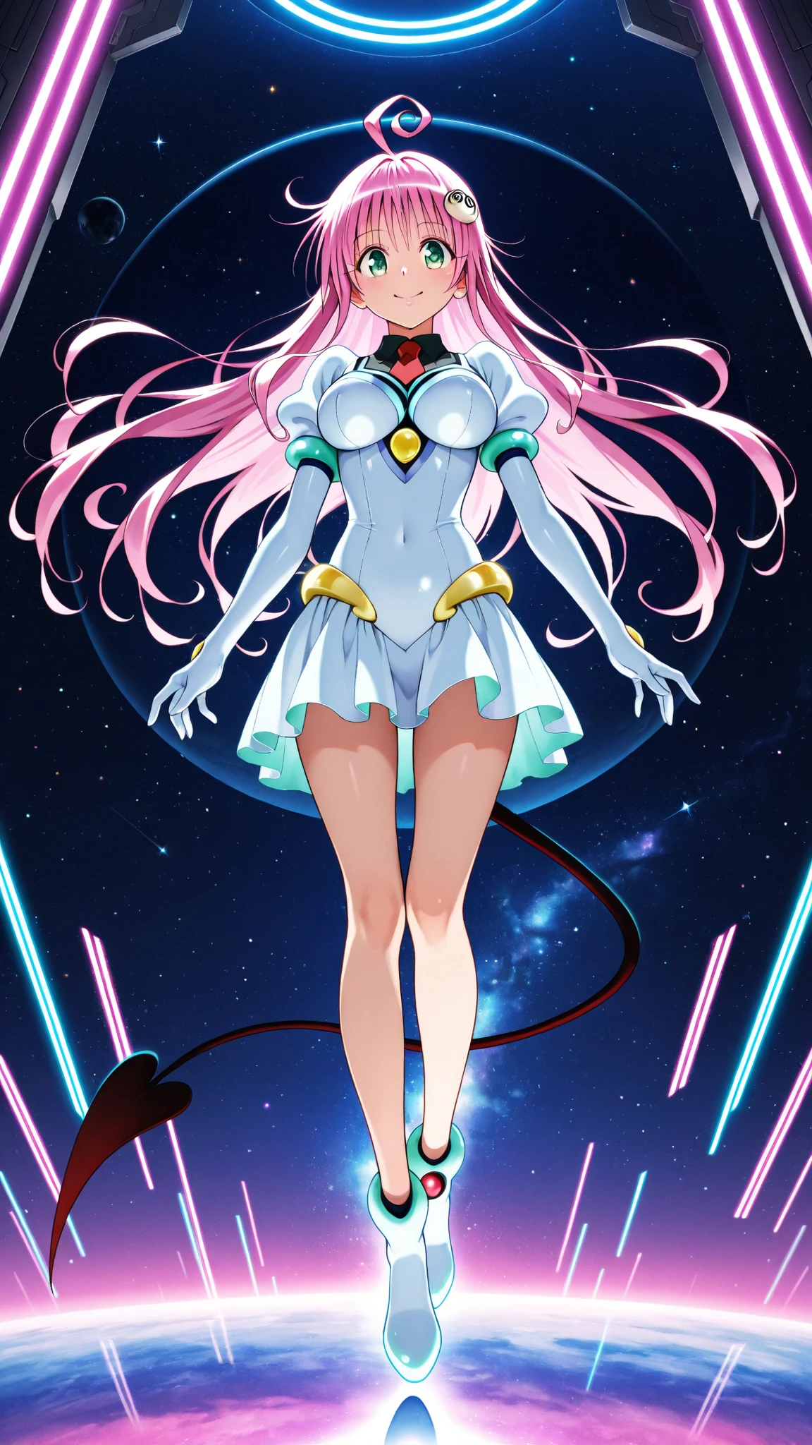 Saint Seiya-style 2D anime touch, lonely world, completely mirrored room, slim and cool beautiful girl, toes, full body image from the front of graceful standing figure, gorgeous and sexy white lingerie, garter belt, navel, high leg, asymmetrical gorgeous decoration, knee high, indirect protector, pink semi-long hair, ultra-thin lace see-through super mini skirt