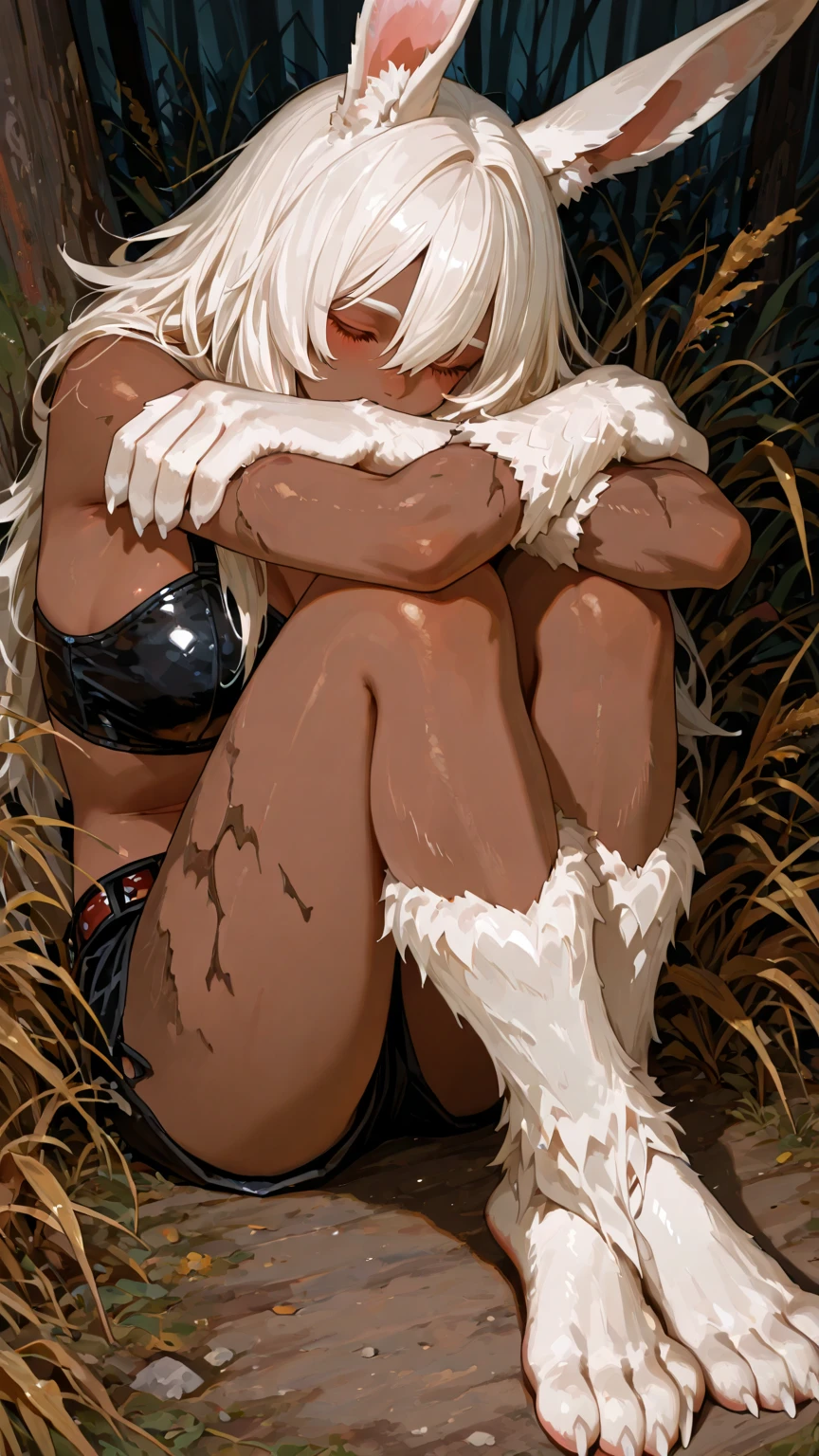 [ghislaine_mushoku_tensei], [mushoku tensei], ((masterpiece)), ((HD)), ((high res)), ((solo portrait)), ((full body)), ((front view)), ((feet visible)), ((nipples visible)), ((detailed shading)), ((beautiful render art)), ((intricate details)), {beautiful woman; (dark-toned skin), (cute hazel-brown eyes), (short eyelashes), (grey wolf ears), (long silver hair), (defined muscles), (defined abs), (large boobs), (curvy hips), (beautiful legs), (beautiful feet), (expressionless)}, {(revealing clothing), (navel), (black thong panties), (eyepatch)}, {(laying on hammock), (laying on side), (looking in the distance)}, [background; (lake), (hot spring), (mountain), (fog), (clouds in sky), (sun rays), (pink and orange sky)]