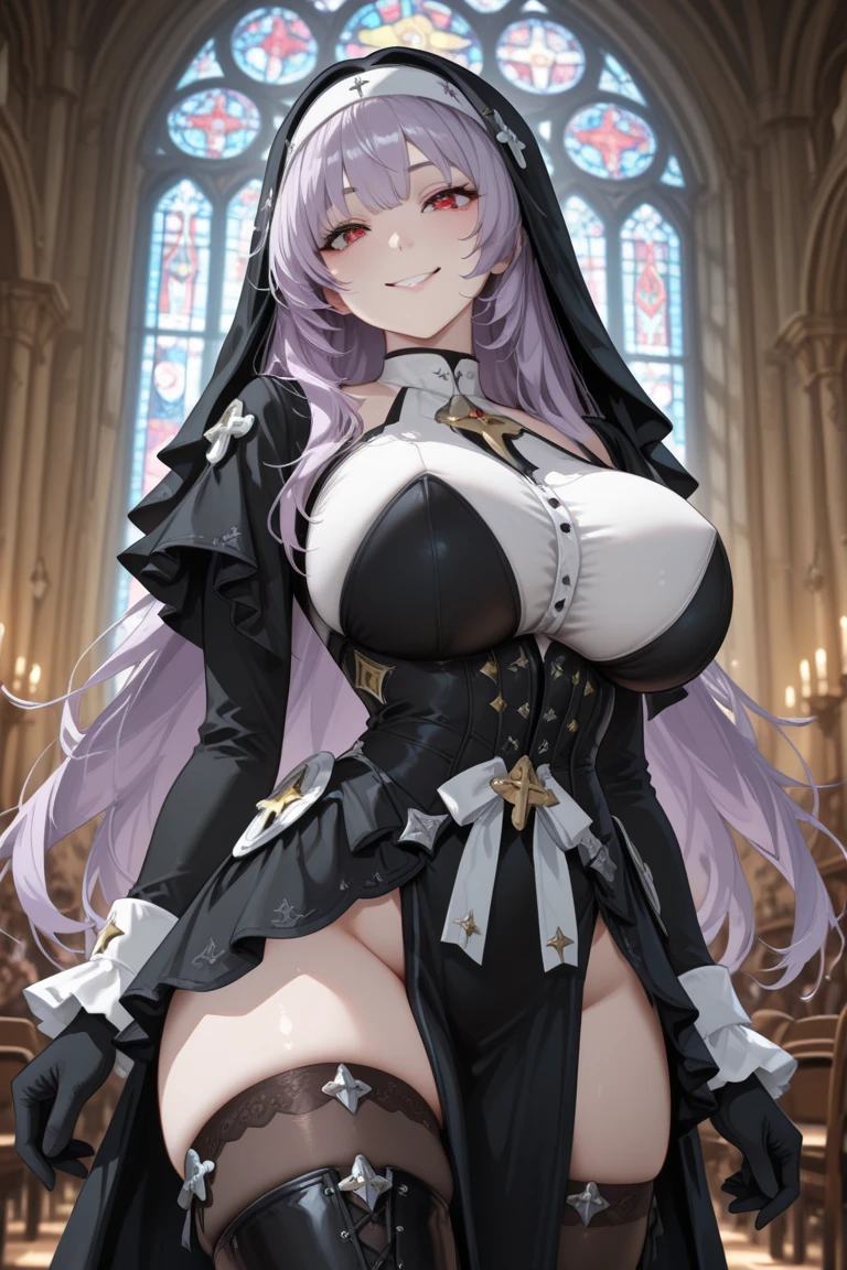 Striped hair,White color hair, Twist braids, mismatched pupils, Chiaroscuro, back lit lighting, Gothic art, 16k, Best quality, Anatomically correct, High details,lewd nun,(huge tit),(white stockings),red pupils,thongs,(ssmile),strappy,srestrained,leg loops,Chains,((goat horn)),((Pious nuns)),Heart-shaped openwork,((Thigh strangle)),(Pubic bone),(Silk gloves),(((Purple rind))),Purple skin,Dark skin,(african man),negroid,elvish ears