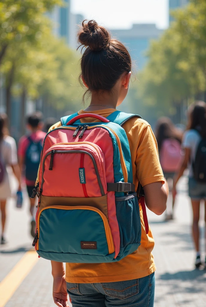 Back view of 9-year-old siblings wearing elementary school backpacks with acrylic key rings attached
