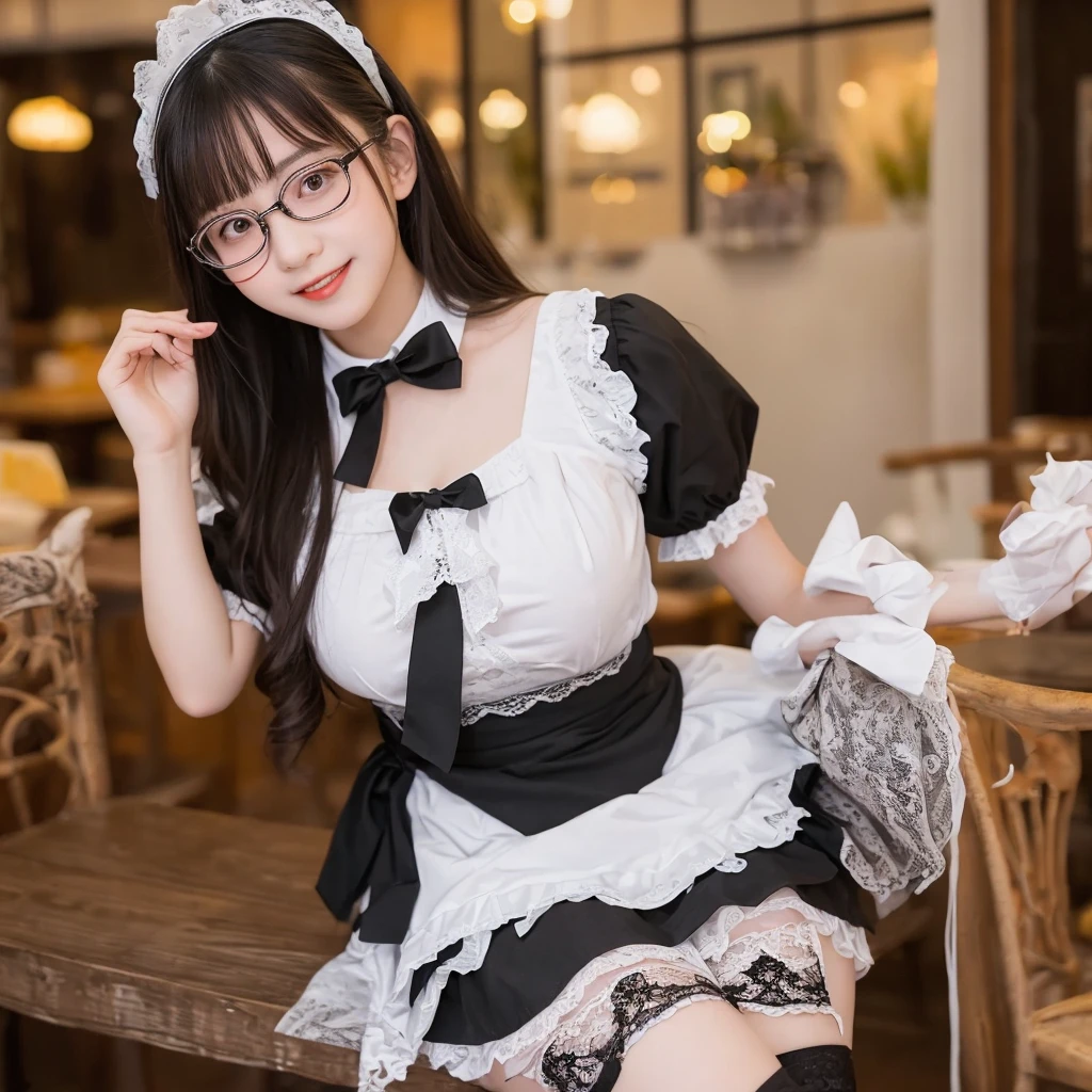 (Best Quality,High resolution:1.2), Ultra-detailed, Realistic portrait, (cloth maid outfit), long black pigtails, (large round black rimmed glasses), (latex stockings), cute face, full body, tight body, tiny waist