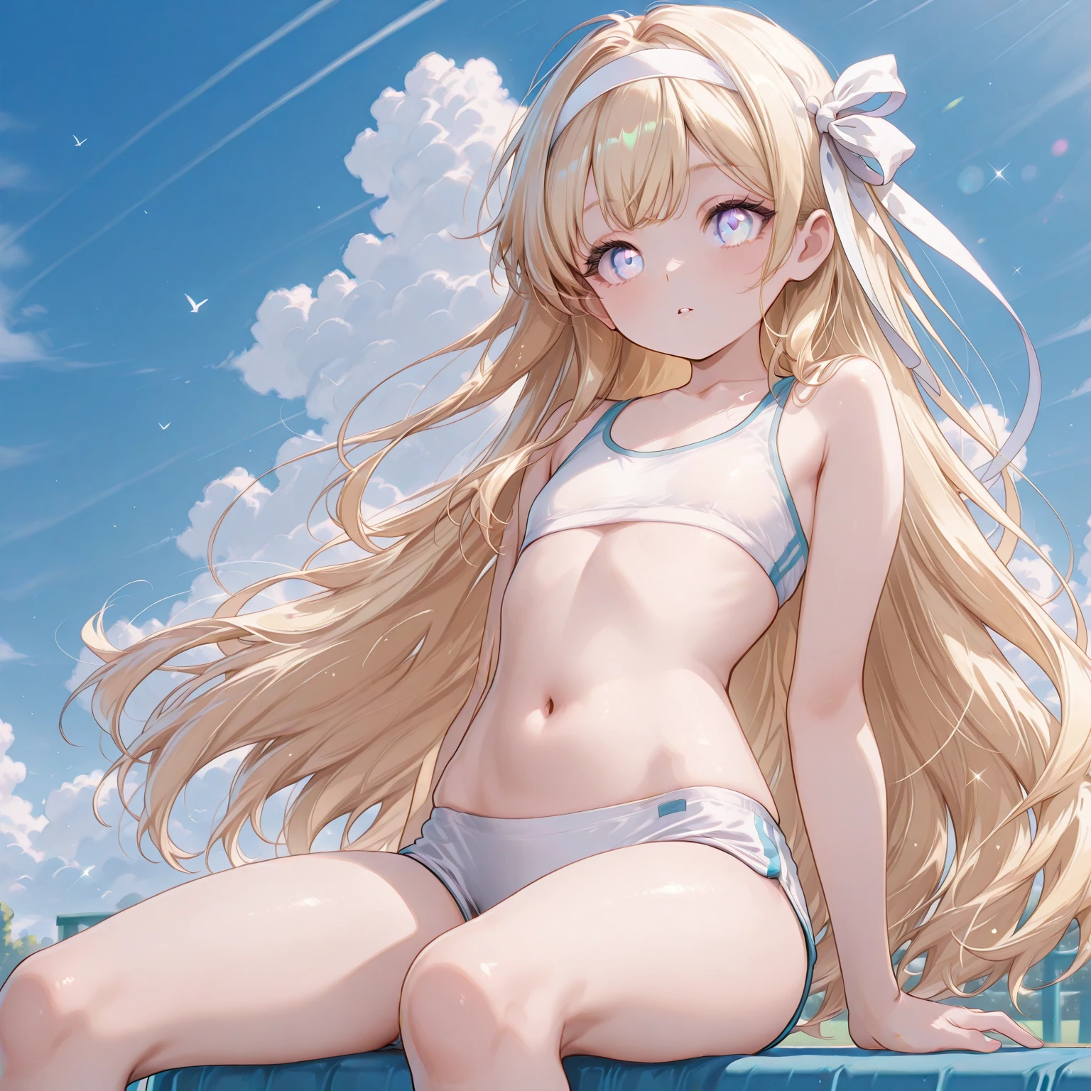 White competitive swimsuit Brown wavy hair Young sister Great style A gentle smile She's wearing nothing but her swimsuit