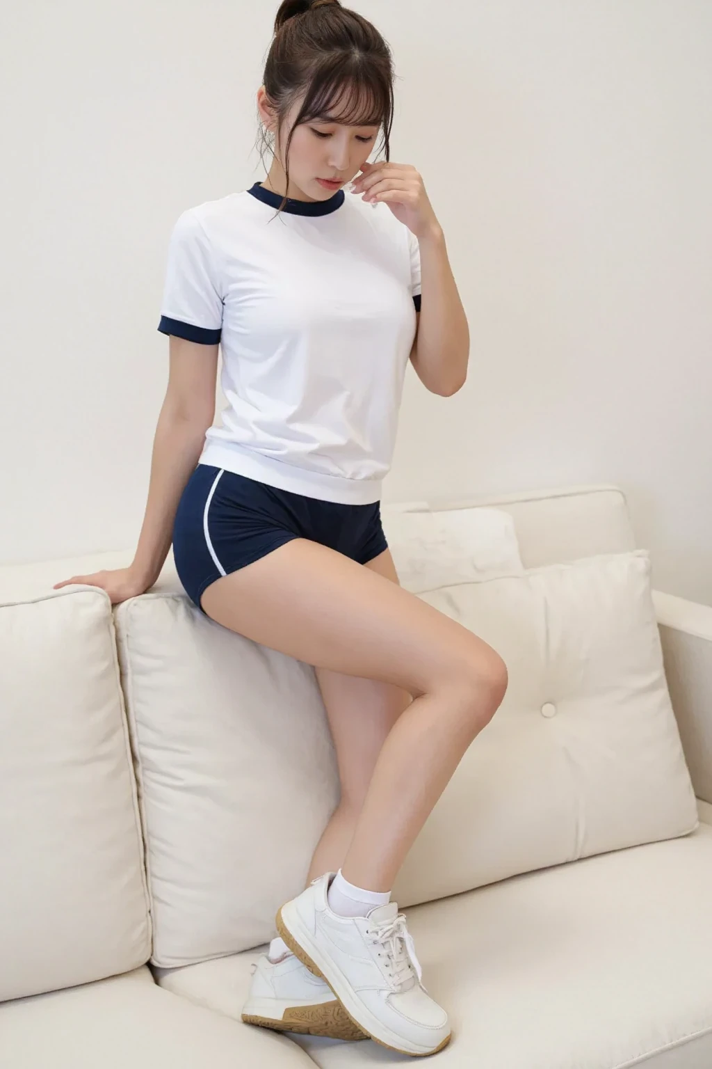 (Tabletop, Highest quality, Capture the cutest moment, Depth of written boundary, Ultra-detailed, Ultra-high resolution, C4D, Octadale, 3D Modeling, 8K, 16K, One Girl,Middle school students, small ,Black-haired,short hair,Straight Hair,Light brown eyes,White headband,Wearing black glasses,Cute face),   See-through gym clothes、bloomers、Shabby room,knight,Moonlight,  Recall,