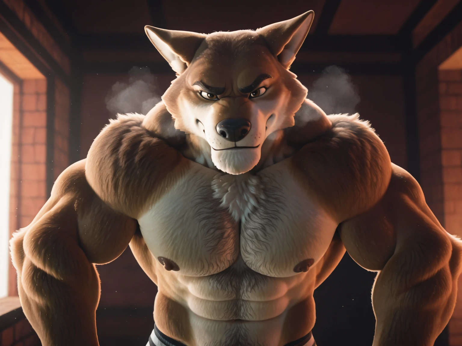 Masterpieces, furry, male, Anthropomorphic, brown wolf, skinny body type, Delicate eyes, glistening body, criminal thug, kickboxer, depth of field, perfect lighting, (best quality),(masterpiece),(ultra detailed), sharp focus, detailed night city background, shirtless, big black nipples, fierce look, scars, black gloves, glossy oiled up skin, sweating, wet, black underwear, full body, white short hair, white chest fluff, white pubic hair, white goatee, white arm hair