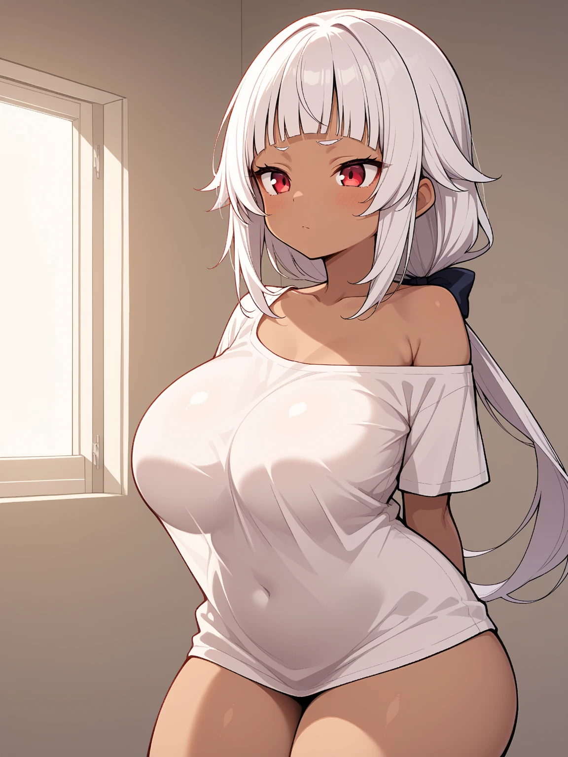 nsfw,1 girl,Solo,White hair,tan,red eyes, Covered nipples,TOMboy,big breast,masterpiece, high quality best quality, very aesthetic,masterpiece, best quality, very aesthetic, absurdres,tank top,arms up,hand up,panties,straight-on,split leg