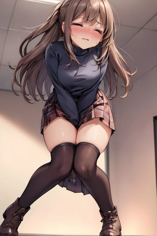 Highest quality, masterpiece, High resolution, alone, {full moon_Fleet Collection:1.15}, Long Hair, Brown Hair, Glasses, brown_eye, red-framed_Glasses, semi-rimless_Glasses, Crescent Moon, black_Seraphim, blush, Under Rim_Glasses, One girl, Closed_eye, Open_mouth, School_uniform, (indoor, office, living room), , blackスカート, smile, (Petite),((nsfw)), Flat Chest
