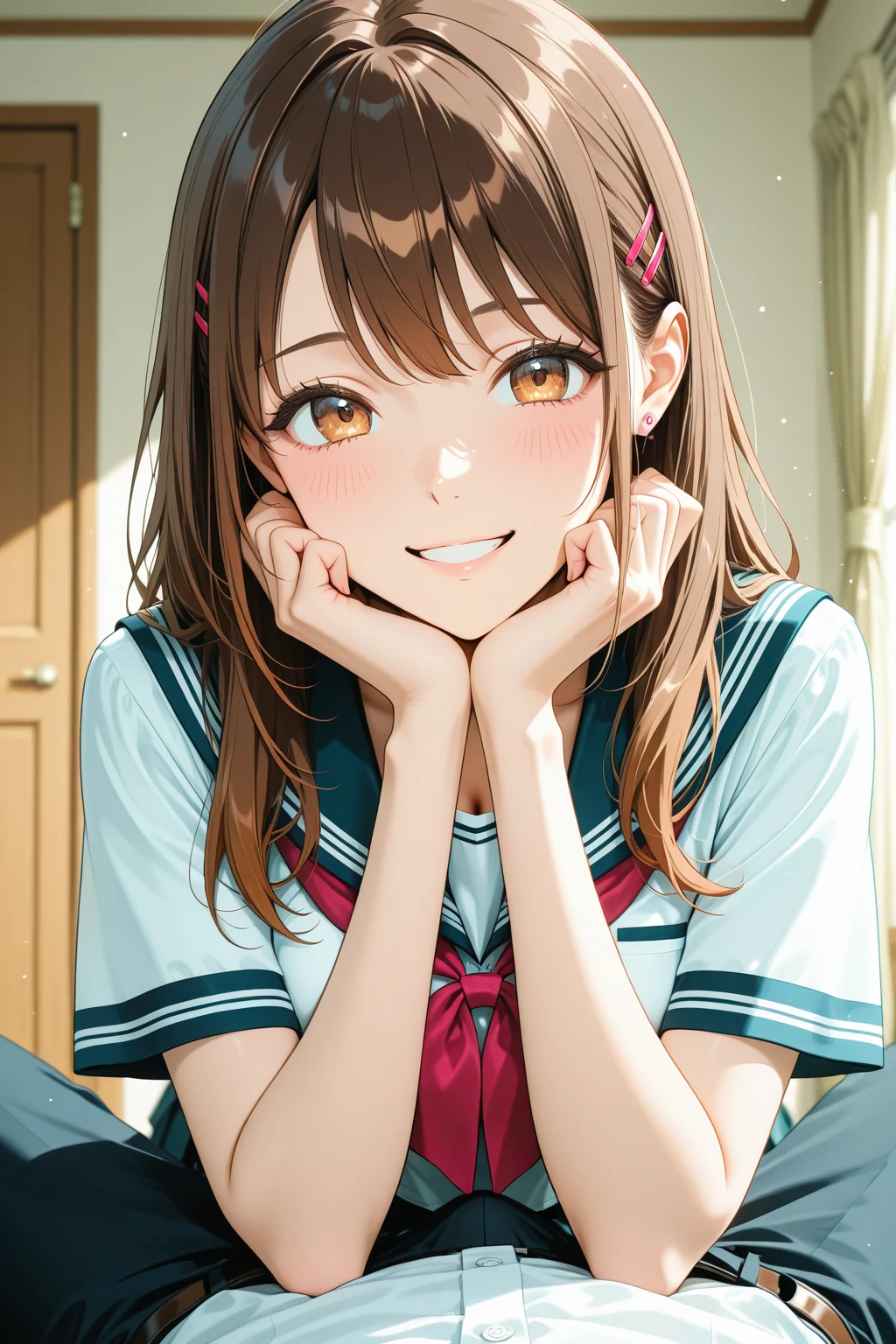 (highest quality, 4k, High resolution, masterpiece:1.2), Super detailed, (real, photorealistic:1.37), cinematic light, Bright colors and mesmerizing effects, Soft and delicate lighting, gentle shine, Lens flare, Beautiful and gentle atmosphere throughout the scene, 1 woman, JK, (brown hair, ponytail, reddish brown eyes), happy expression, Super detailedな顔, lip details, detailed eyes, double eyelid, facing the front, squat:1.5, black socks, cowboy shot, school uniform, girls , shiny skin, perfect fingers, five fingers, anatomically correct, background bokeh, 500㎜, f/4, photo shoot,