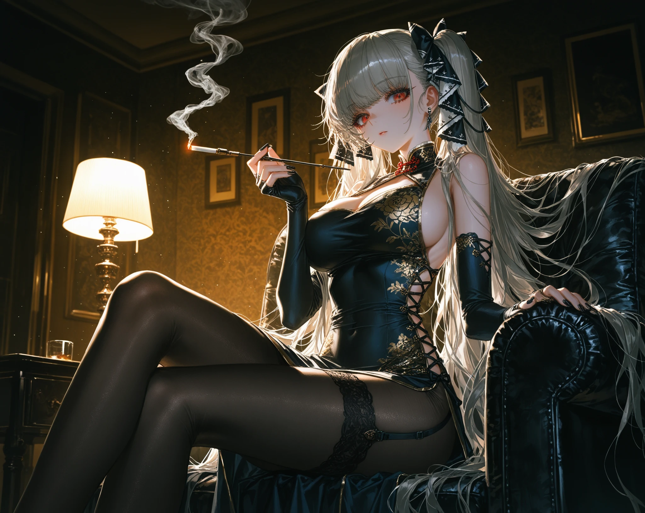 Asian girl sitting on bed, pillows and plushies in background, sexy legs, dark purple leggings, leaning over, fit, taking off bra, strip teasing, sexual pose, wearing a long oversized hoodie, wearing black long jean shorts, loose bra strap, off the shoulder, sitting on knees, wearing streetwear clothes, style anime girl with purple light in the background, neck choker with necklace, evil look, white hair, sexy thighs, fishnet stockings, anime style 4 k, 8k high quality detailed art, best anime 4k konachan wallpaper, kawacy, anime art wallpaper 8 k, seductive anime girl, anime art wallpaper 4k, anime art wallpaper 4 k, detailed digital anime art