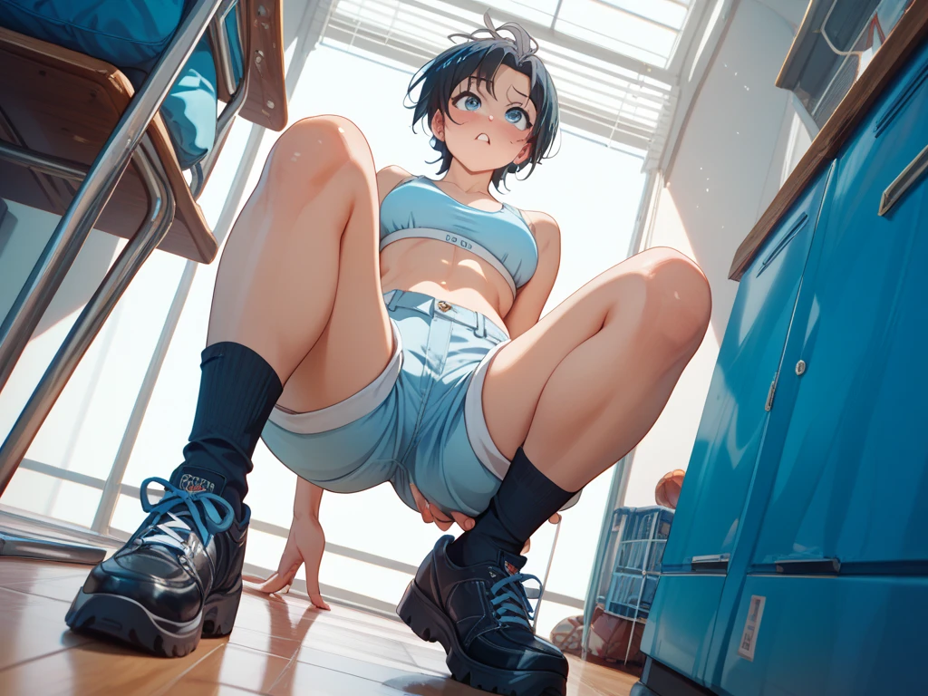 gym storeroom,1girll,tmasterpiece,The best quality,The is very detailed,camisole,Superskirt, White socks,spread their legs,Tong,Wet all over,Raised ,The is very large,tack sharp focus, (erected )),