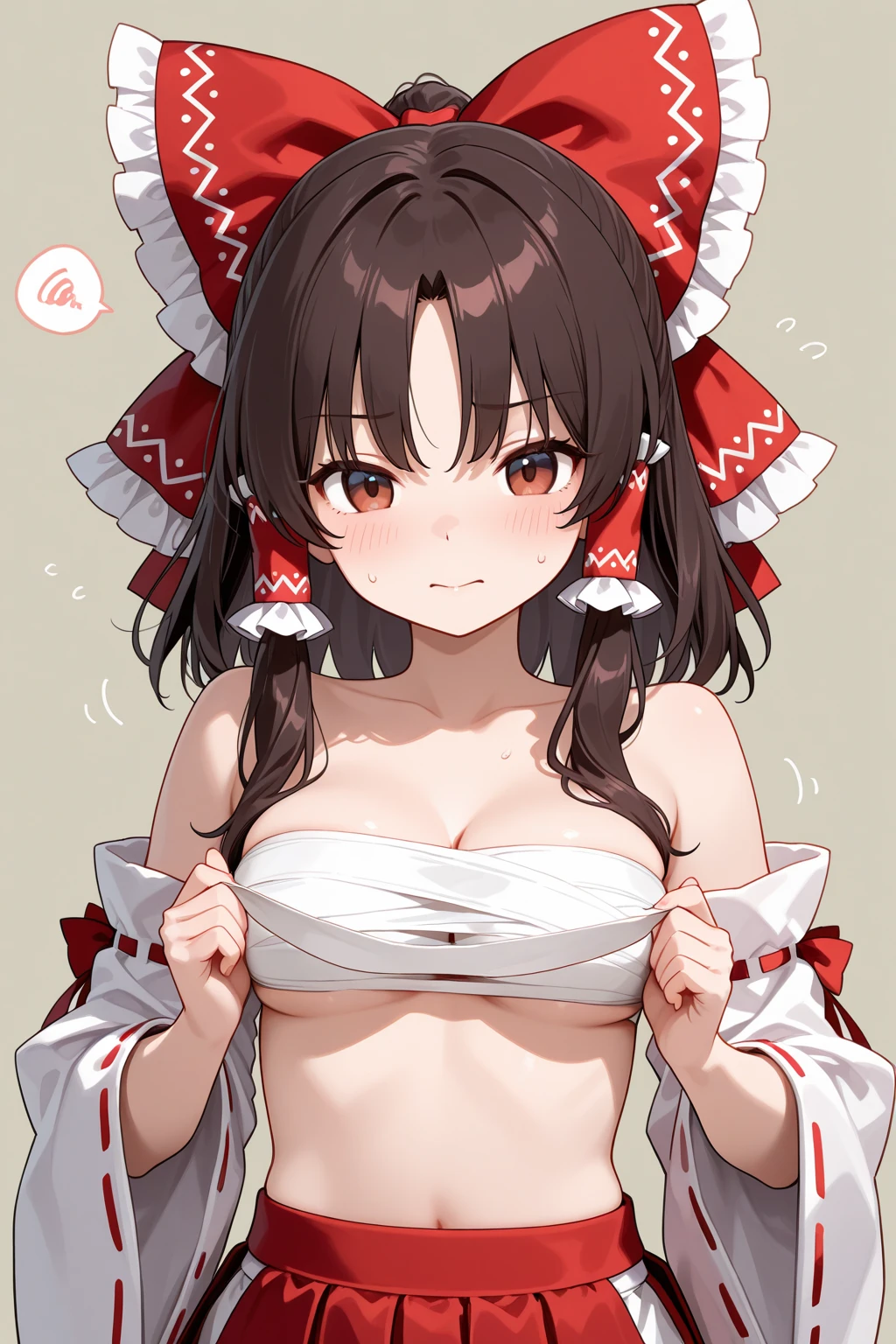 <lora:å
ä¸½çµæ¢¦:1>,1girl, solo, hakurei_reimu, brown_hair, hair_tubes, navel, long_hair, brown_eyes, bow, red_bow, hair_bow, ascot, blush, upper_body, yellow_ascot, sleeveless, red_shirt, red_skirt, looking_at_viewer, white_background, sarashi, hair_between_eyes, simple_background, shirt, skirt, midriff, parted_lips, bangs, sleeveless_shirt, sidelocks, frills, frilled_bow, bare_shoulders, arm_up, breasts