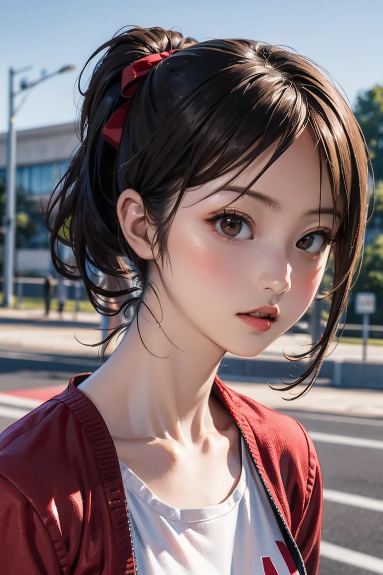 Photorealistic, masutepiece, Best Quality, Raw photo, 1girl in, Solo, Twin tails, Brown hair,  Detailed face, alluring face, 耳环、sharp eye、a choker、Neon Shirt、、croptop, medium breasts, Dynamic Pose, Looking at Viewer, From below, Detailed background, fine detailed, intricate detailes,  Ray tracing, depth of fields, lowkey, nffsw