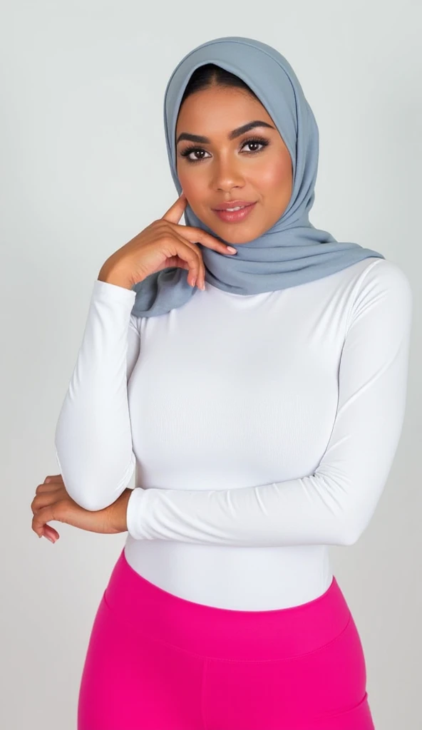 RAW, Best quality, high resolution, masterpiece: 1.8), beautiful Malay woman in hijab, Masterpiece, big gorgeous eyes, Soft smile, wear tight light white long sleeve shirt and light white tight legging,in changing room, Excellent lighting, Bright colors, Clean lines
