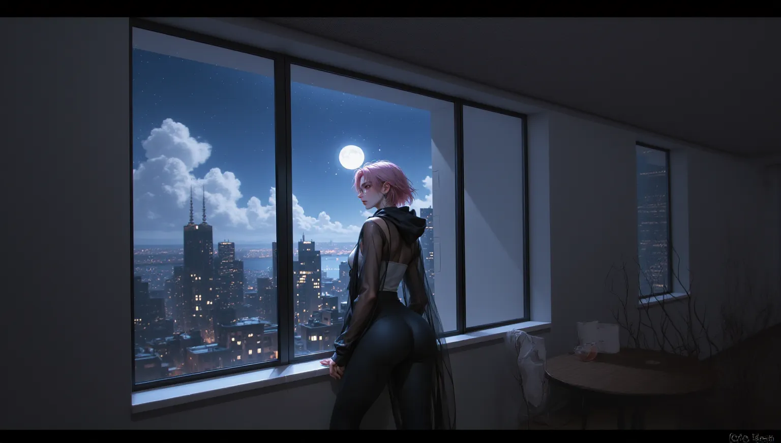Masterpiece, best quality, extremely detailed artwork, award winning.
(hyper-realistic:1.4)
(full body:1.5), (Night, night time:1.4), (rear view, from behind)

cyberpunklucy, lucy, short hair, bangs, blue eyes, blue hair, multicolored hair, makeup, multicolored eyes

NSFW, naked pussy, naked ass, bottomless, face down, ass up, (BENT OVER, LEANING FORWARD), Standing, ass up, open stance

Indoors, bedroom, city, moon, night, sky, clouds,

perfect hands, perfect anatomy, anatomically correct