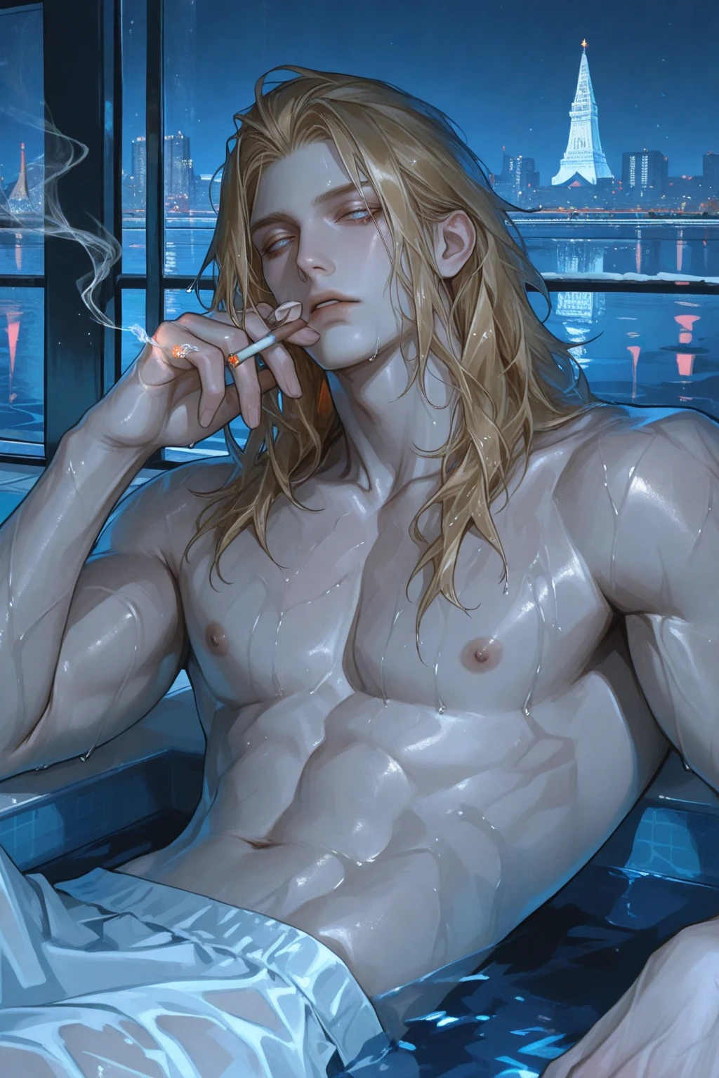 ( High quality , Masterpiece,sexy pictures,Nudity ,Male Nudity ,Highly detailed image of the penis..)young man,golden hair, long, straight to the neck, blue eyes, Bounce numbers, naked body, Found a very large penis., Extends to cover the entire chest.. A plump penis the size of an arm..,  