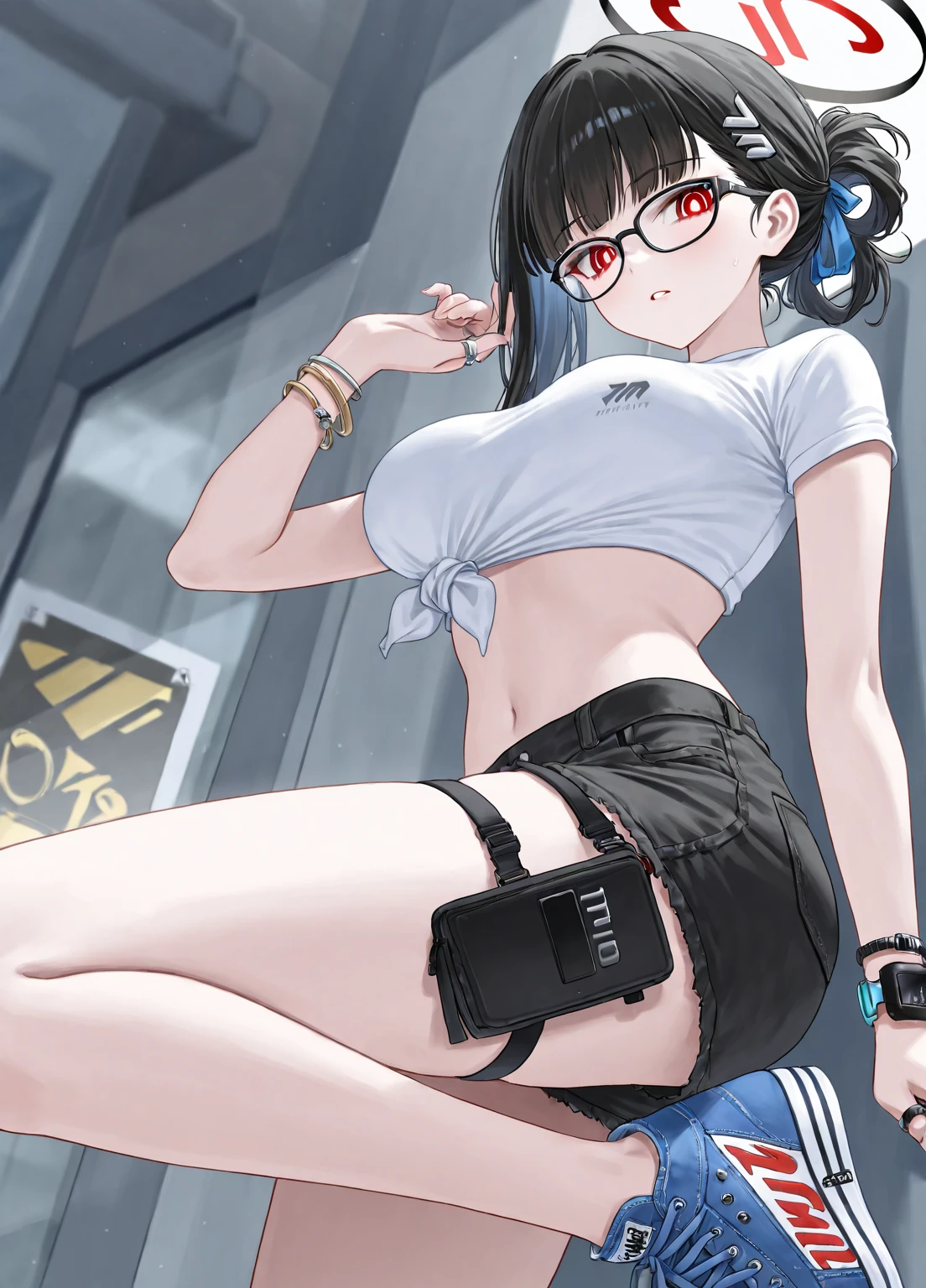 beanie,belt,big breasts,cybernetics,g-string,glasses,high tagia,jacket,micro bikini,revealing clothes,skimpy,visible breasts