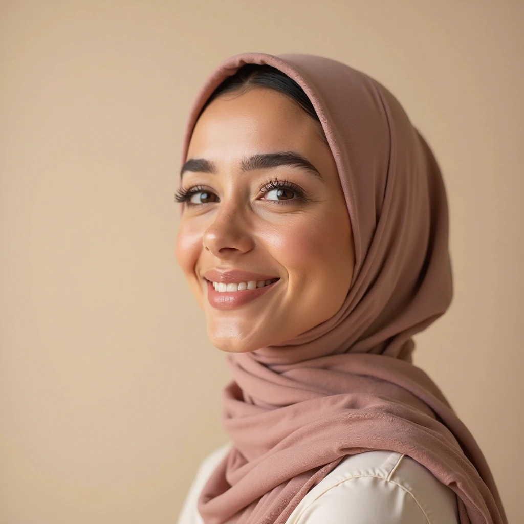 A 30-year-old Arab Muslim woman with an elegant and serene appearance. She has deep brown eyes, a warm smile, and wears a stylish hijab that complements her modest yet fashionable attire. Her complexion is a warm olive tone, and she exudes grace and confidence. The background is soft and neutral, highlighting her beauty and the peaceful expression on her face.