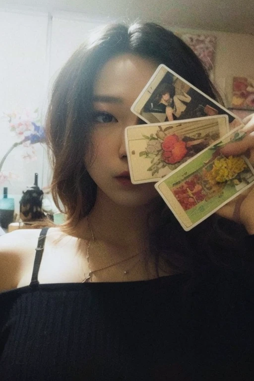 young women hand is holding a tarot card