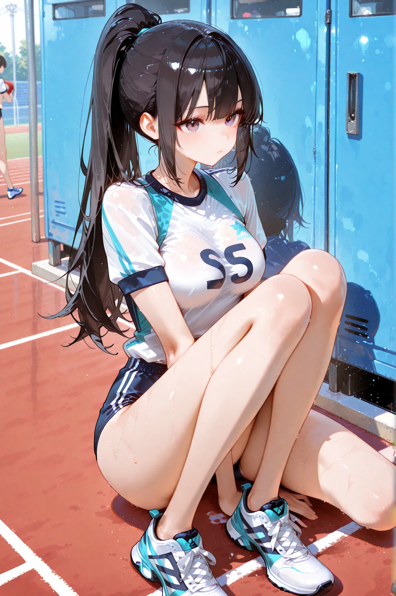 Bends over and spreads those legs