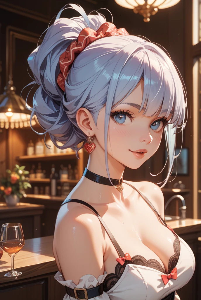 (masterpiece, best quality:1.2), (high resolution, 8K RAW photo, photo realistics, clear focus, weak outline:1.3), (cinematic lighting, moody, textile shading), pov, (solo:1.5), 1 matured woman, 2, (milf:1.5), ((nfsw:1.5, fuge breast:1.3, sagging breast, big tits, breast cleavage, harass sexually, in heat, presenting)), ((Bright beautiful eyes with highlight:1.3)), (sitting a stool in night BAR counter, lying face down on the counter with putting arms on the counter top, looking at viewers, holding a cocktail glass), raised sexy, (little happy smile:1.3, shamed), light purple mesh on silver hair, medium long hair, hair over one eye, asymmetric hair, half updo hair, blue eyes, wearing white sexy party dresses, long skirt with side slit, wearing green see-through shawl around your upper arms, (Luxury detailed accessories, necklace, earrings, Bracelets), bokeh, dynamic angle, upper body:1.2, close-up face:1.5, face focus, from side:1.2, (correct anatomy:1.6, ideal ratio of body proportions, correct hand:1.5, small hands), in a night,