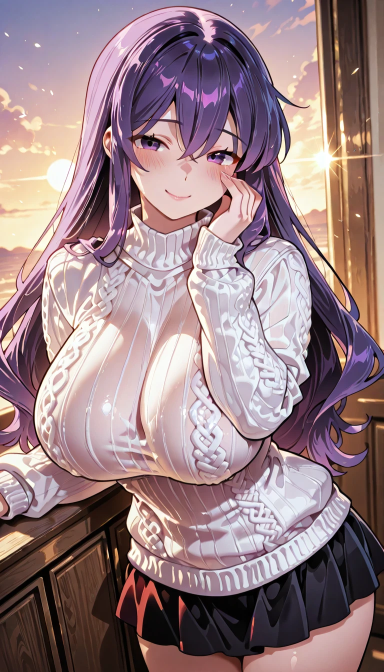 Wolf Girl, Large Breasts, Voluminous, messy purple hair, masterpiece , Red eyes, hd,Close-up of face 、 tooth、Double teeth,, On the bed、Thick thighs、Grinning、White sleeveless sweater、