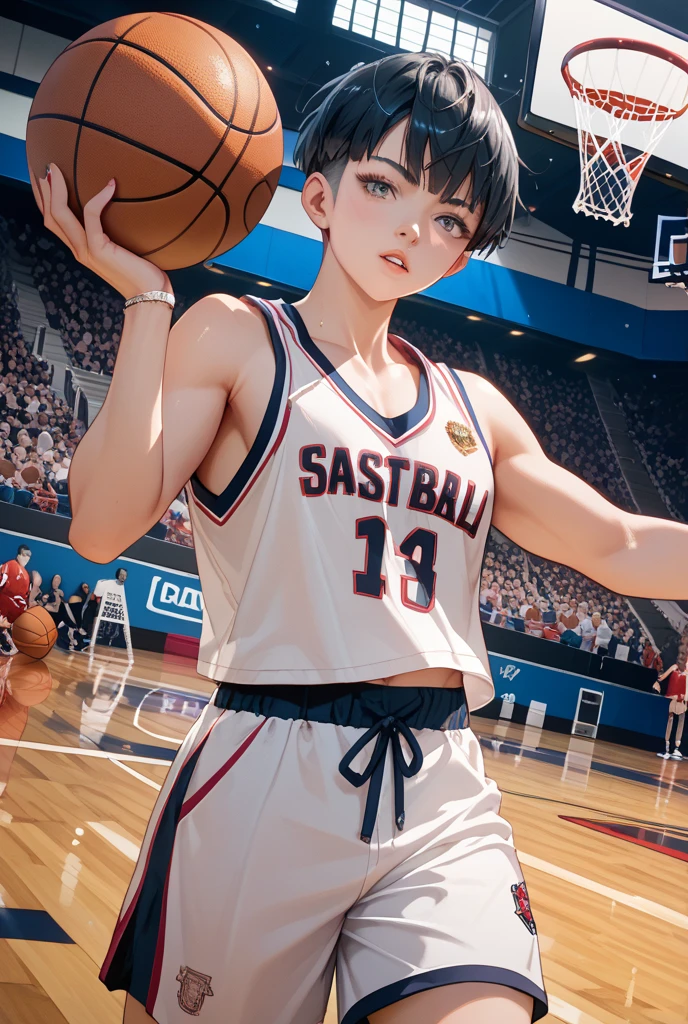 Little boy stadium basketball jersey basketball shoes spread legs Legs on the shoulders of another little boy, White hair, goggles, half-closed eye, Shy, angle of view, Eye level shots, Anatomically correct, ccurate --auto