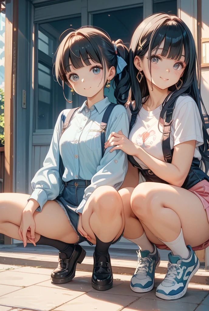 ((Highest quality, masterpiece, freak, Super Resolution)), ２People Girls、Black hair ponytail、Big ribbon、Sitting on the steps in front of the station、 (Spread your legs)blush、from the front、(Blue denim tight mini skirt、Ultra mini skirt)、light blue lace panties、 loose socks、sneakers