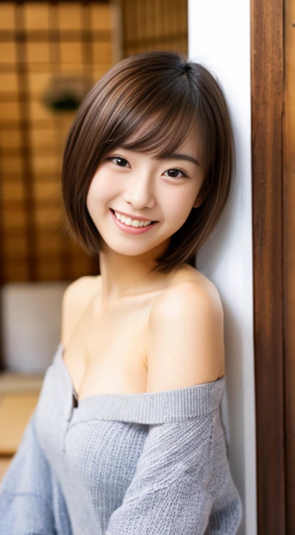 masterpiece,best quality,(Japanese girl),((Beautiful girl)),cleavage,(off shoulder:1.2),(perfect body beauty:1.2),(shy smile)