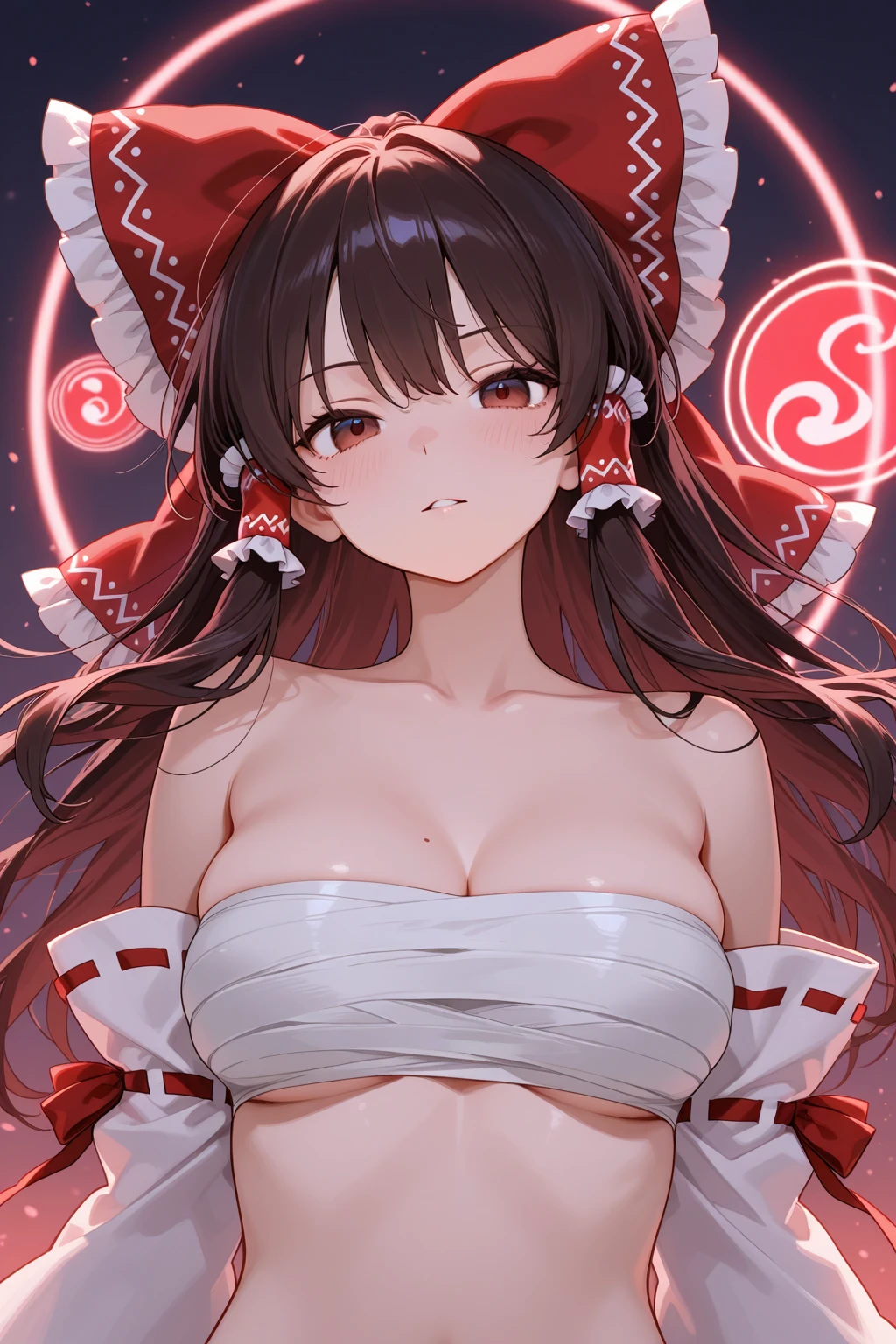 Reimu Hakurei、One Woman、Cute Woman、Thick thighs、Best image quality、High resolution、masterpiece、super high quality、Pink and black bra、Pink and black panties、Big Ass、Large Breasts 、Blushing、4K quality、Reached orgasm、Wearing black knee socks、Sweaty all over、Heavy breathing、heart、Low Angle、nsfw, (spread pussy:1.3)