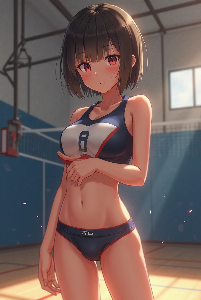 Volleyball Beauties、wet hair、wet body、short brown hair、((whole body))、(((Photo taken from below))、gym