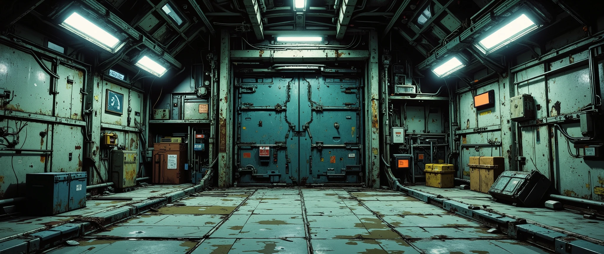 [Background art]] The setting of a futuristic, cyberpunk-style spaceship, with a dark and retro atmosphere, inspired by 90s anime. The empty room, the wall showing signs of rust and age, features an anime-style background. [[Top angle]] The view is facing the wall, showing the wall. [[The camera shows only the wall, a frontal view of the wall and a huge closed mechanical door]] and a 32k cel tone technique. The rendering is in the style of the animes Vampire Hunter: Bloodlost and Blame: Black Lagoon. Exposed wires. The ship has a steampunk style. The interior is not oval, but linear, straight and linear, inspired by post-apocalyptic spaceships. The interior setting is Mad Max-style.